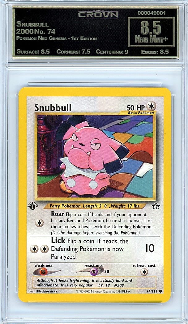 2000 Snubbull Pokemon Neo Genesis - 1st Edition #: Graded by Crown Grading. Grade: 8.50. Near Mint+