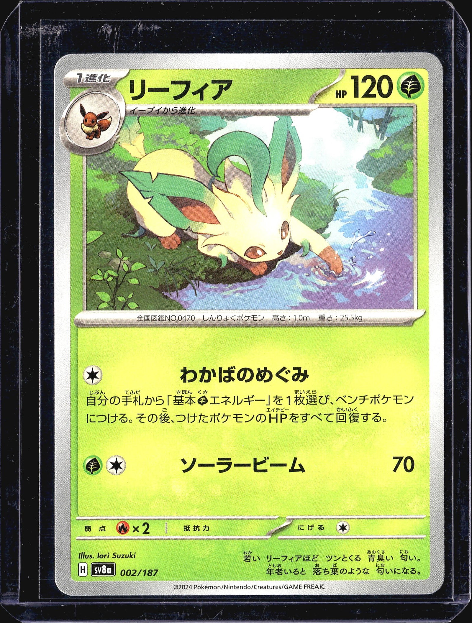 2024 Pokemon Terastal Festival ex Leafeon 002/187: This listing is for a 2024 Japanese Pokemon Trading Card Game single featuring Leafeon (), card number 002/187 from the Stellar Crown set (SV8a). The card is a Stage 1 Grass-type Pokemon evolving from