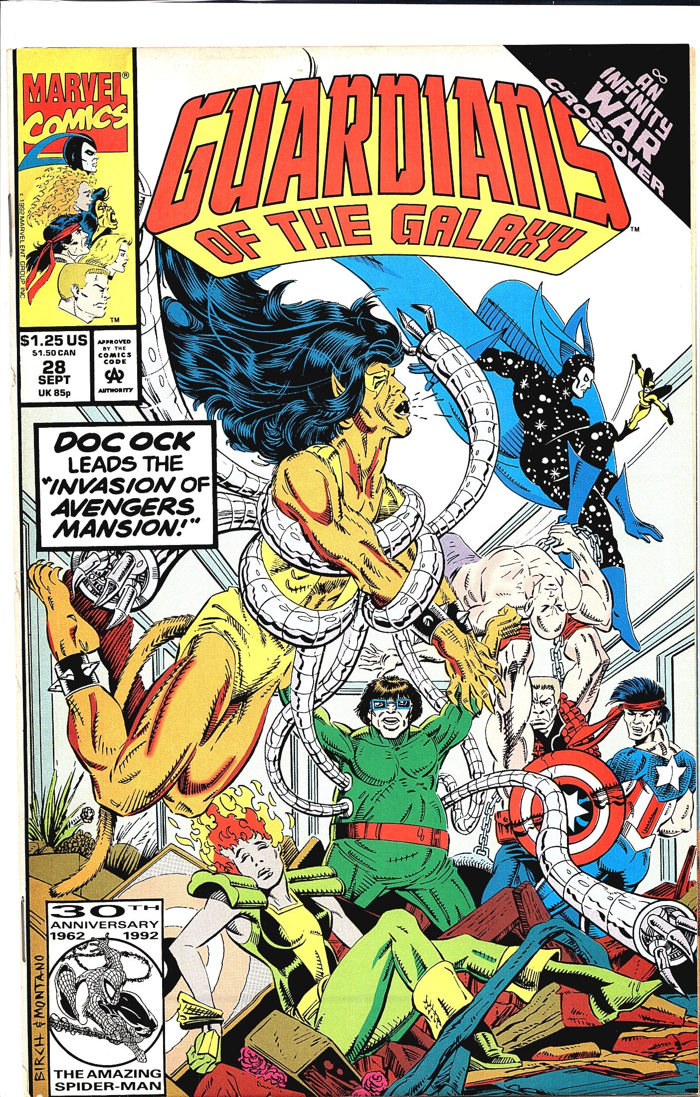 1992 Marvel Comics Guardians of the Galaxy #28 Co: Guardians of the Galaxy #28 published by Marvel Comics, cover dated September 1992. This issue is part of the Infinity War crossover event and features the story 'Invasion of Avengers Mansion' led by 