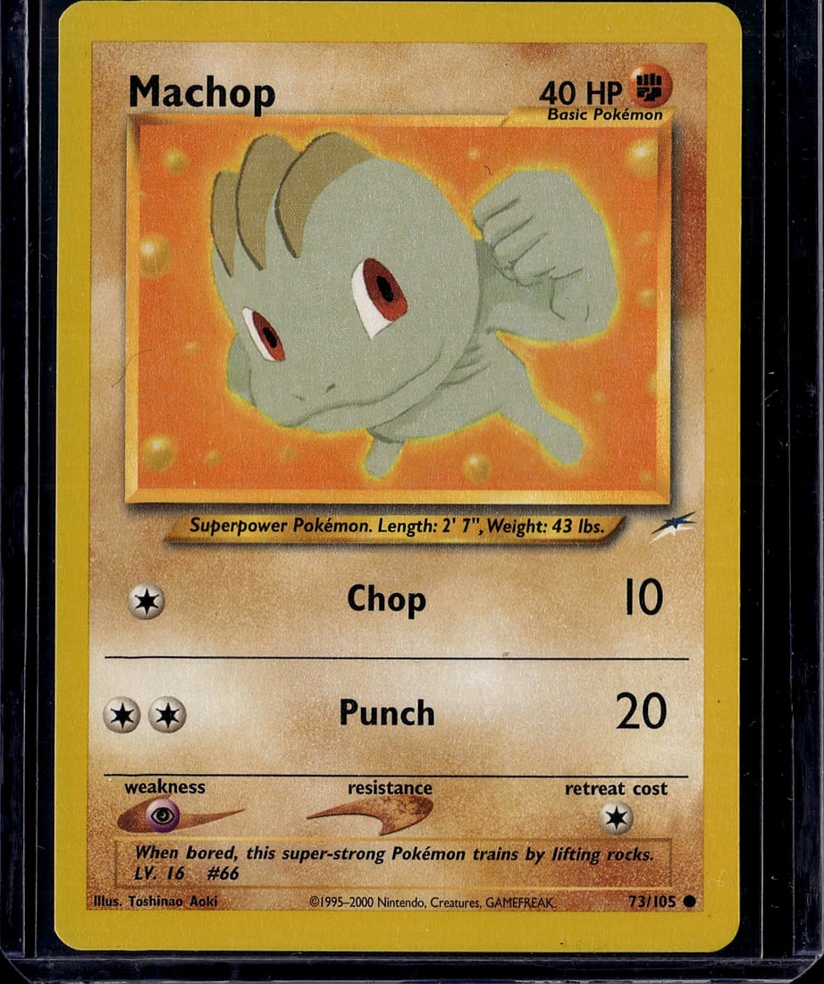 Machop Base Set 73/102 Vintage Pokemon Card 1999: This is an original Machop Pokemon trading card from the Base Set released in 1999, card number 73/102. This iconic Fighting-type Basic Pokemon features the classic Machop artwork and is a staple