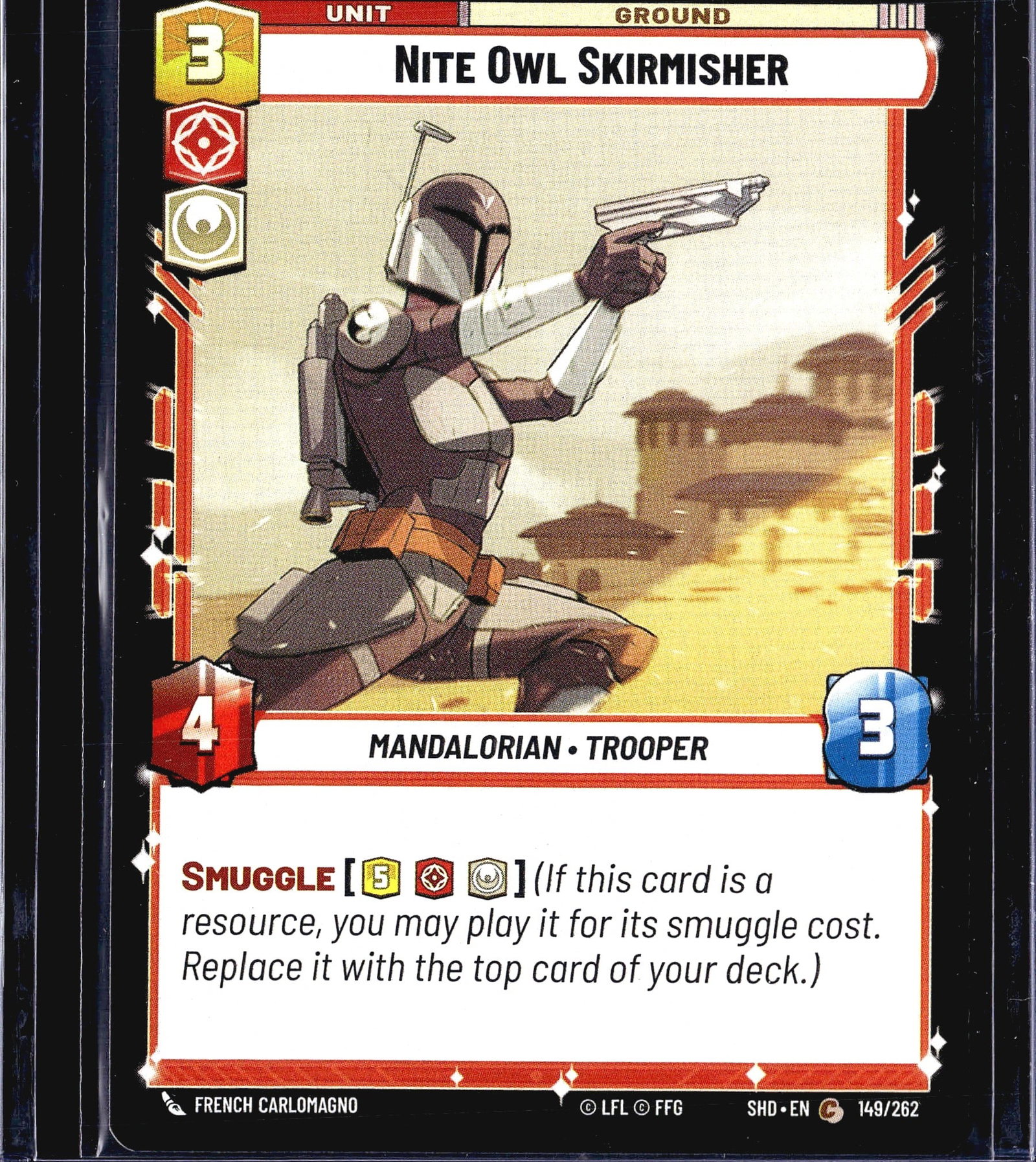 2024 Fantasy Flight Games Star Wars Unlimited Nit: This listing is for the Nite Owl Skirmisher unit card (#149/262) from the Star Wars Unlimited trading card game set Shadows of the Galaxy (SHD). The card is a Ground Unit with a cost of 3, attack