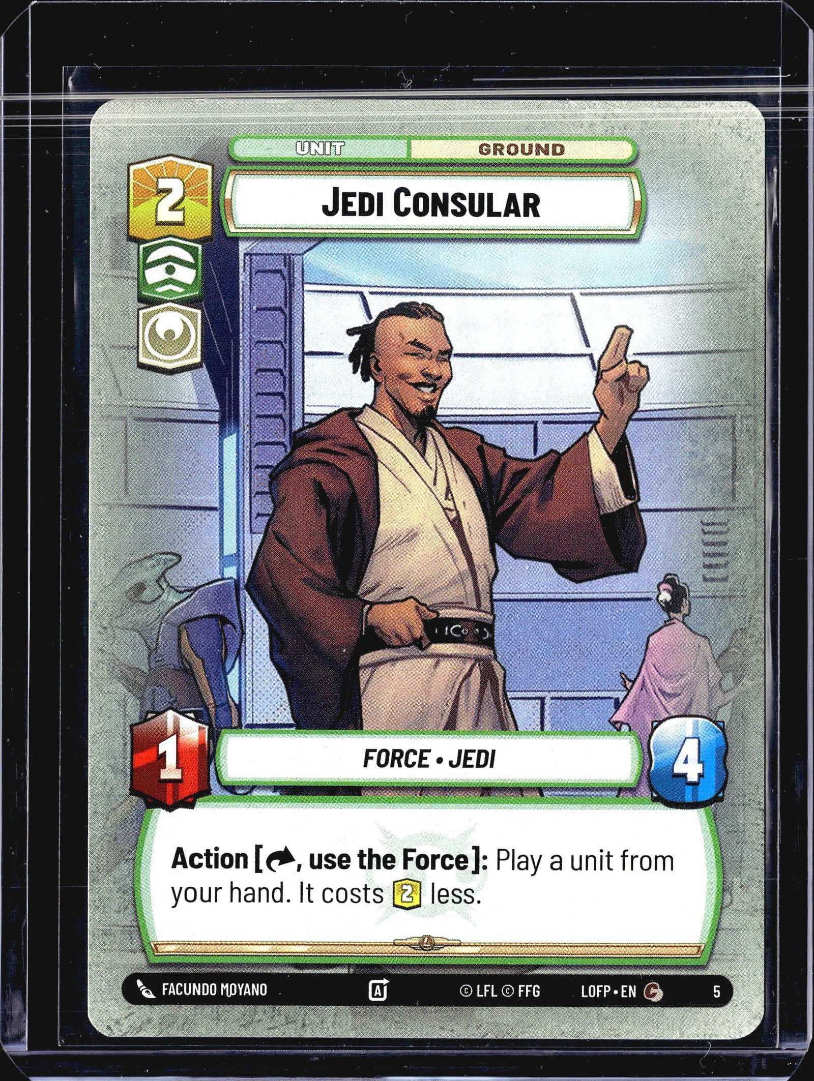 2024 Fantasy Flight Games Legends of the Force Je: This listing is for the Jedi Consular unit card from the Star Wars Unlimited trading card game, set code LOFP (Legacies of the Force), card number 5. It is a Ground Unit with the Force and Jedi