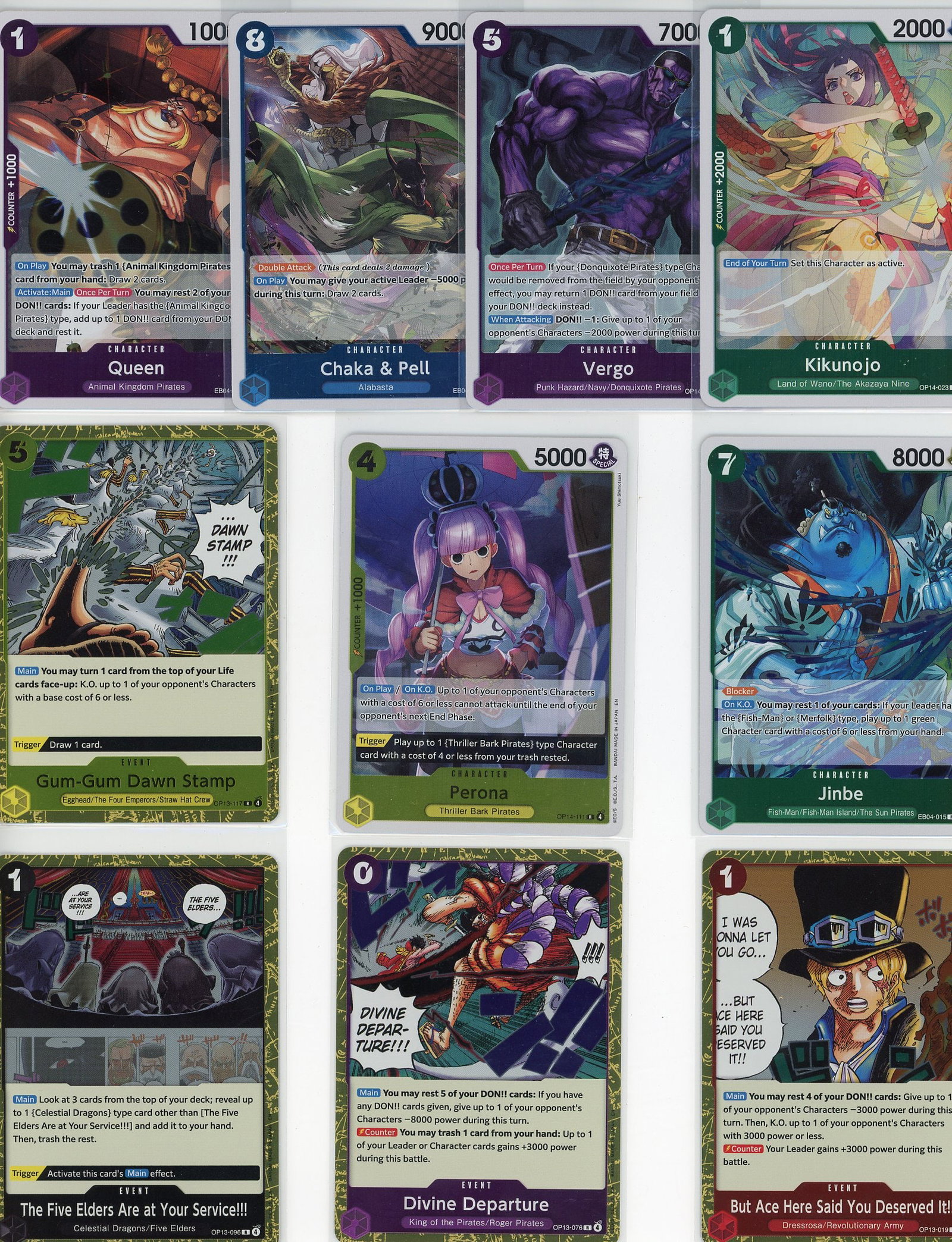 Lot of 10 One Piece Foil Trading Cards - Bandai T: This lot includes 10 foil One Piece trading cards from the Bandai One Piece Trading Card Game. The collection features iconic characters including Queen (Animal Kingdom Pirates), Chaka & Pell