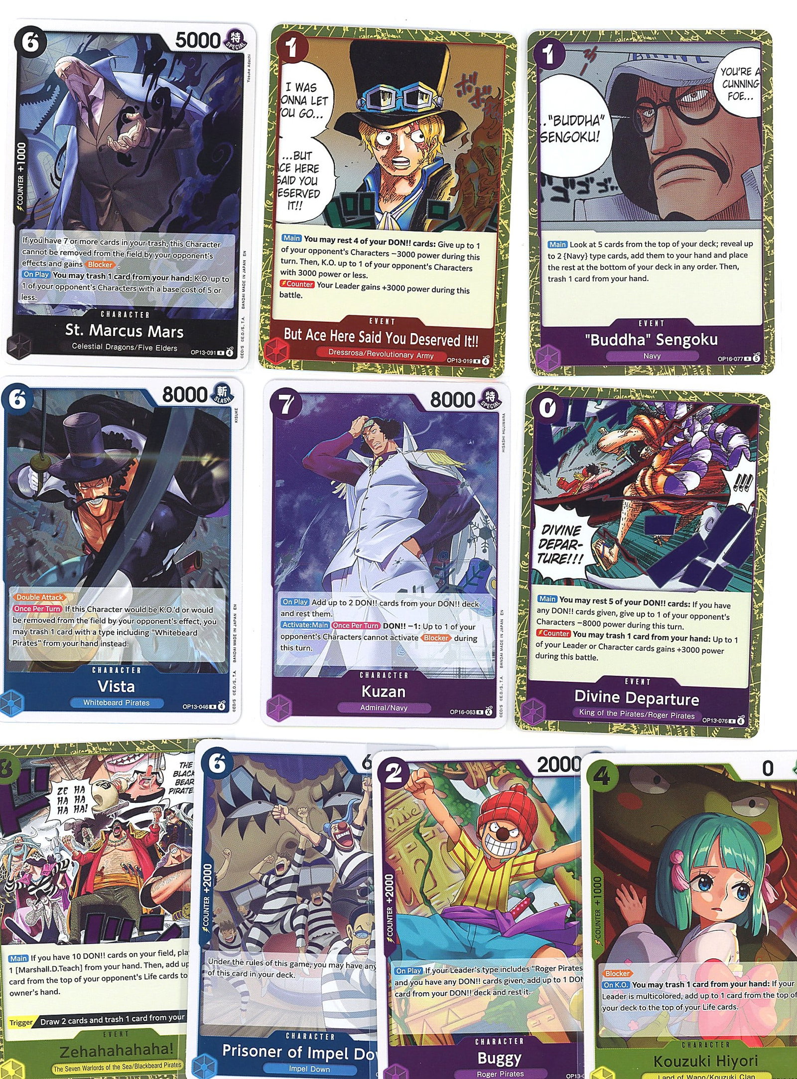 10-Card Lot Modern Holo One Piece Trading Cards T: This lot contains 10 holographic One Piece trading cards from the Bandai One Piece Card Game, visible in the provided image. The cards feature character artwork from the One Piece franchise,