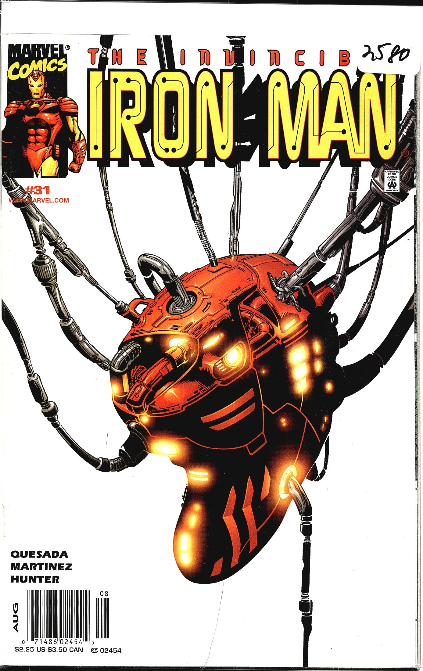 2000 Marvel Iron Man 3rd Series #31 Comic Book: The Invincible Iron Man #31, published by Marvel Comics, dated August 2000. This issue features cover art by Quesada, Martinez, and Hunter, as credited on the lower left of the cover. The striking
