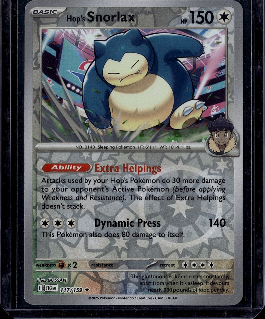 Hop's Snorlax 117/159 Pokemon Card - Scarlet & Vi: This is a raw Hop's Snorlax Pokemon trading card from the Scarlet & Violet set, card number 117/159. The card features the iconic sleeping Pokemon with Hop's character portrait, numbered 0143 in the