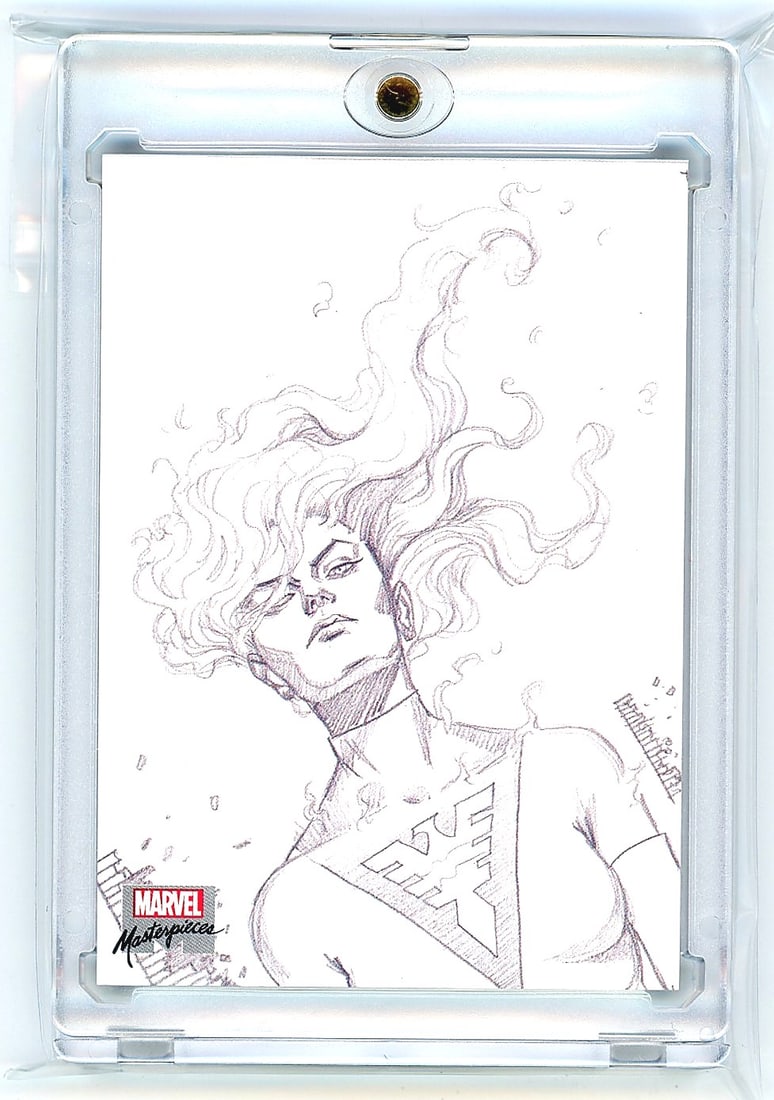 2022 Marvel Masterpieces Dark Phoenix Preliminary: This is card AP-41 from the 2022 SkyBox Marvel Masterpieces set by Upper Deck, featuring a pencil sketch Preliminary Art card of Dark Phoenix by artist Dan dos Santos. The front displays a detailed