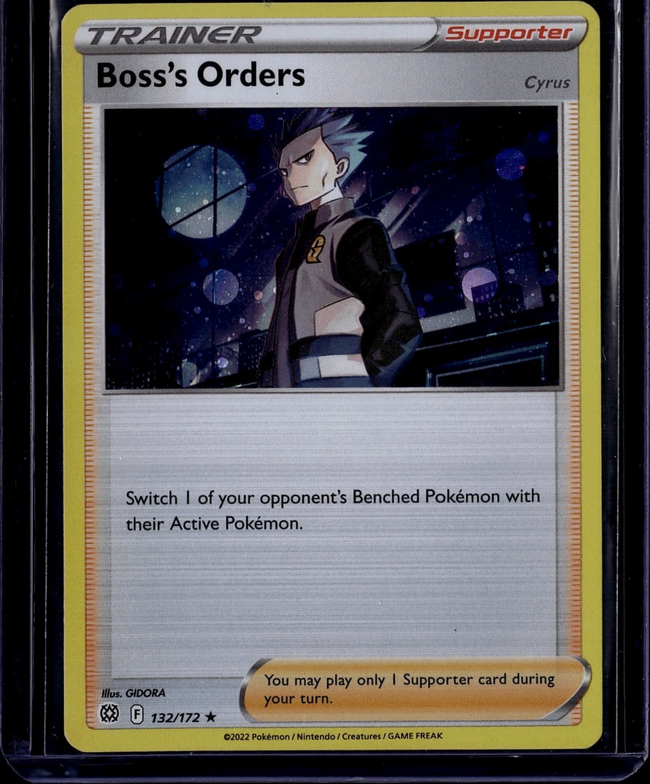 Boss's Orders Cyrus 132/172 Pokemon Sword Shield: This is an authentic Pokemon Trainer Supporter card from the Sword & Shield series, featuring Cyrus and his iconic tactical orders. The card number 132/172 indicates this is from a mid-set release.