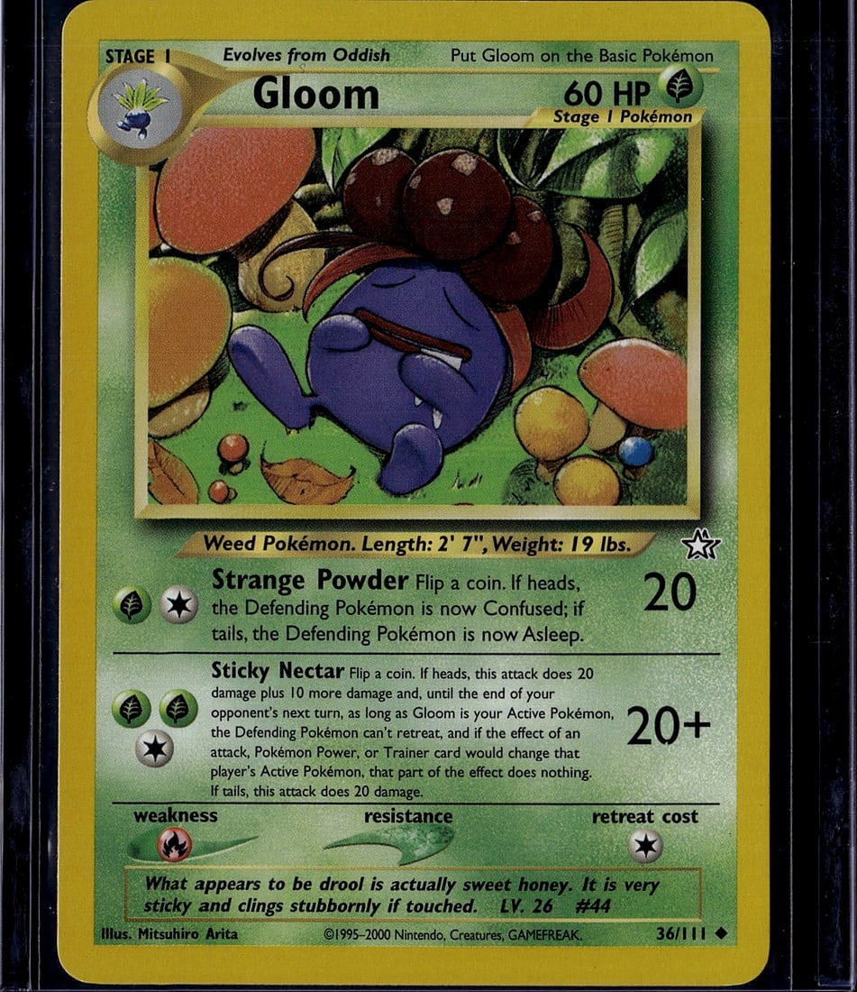 Gloom Neo Genesis 36/111 Pokemon Card 2000 Stage: This is an ungraded raw Gloom Pokemon card from the Neo Genesis set, card number 36/111, released in 2000. Gloom is a Stage 1 Weed-type Pokemon that evolves from Oddish, featuring 60 HP and iconic