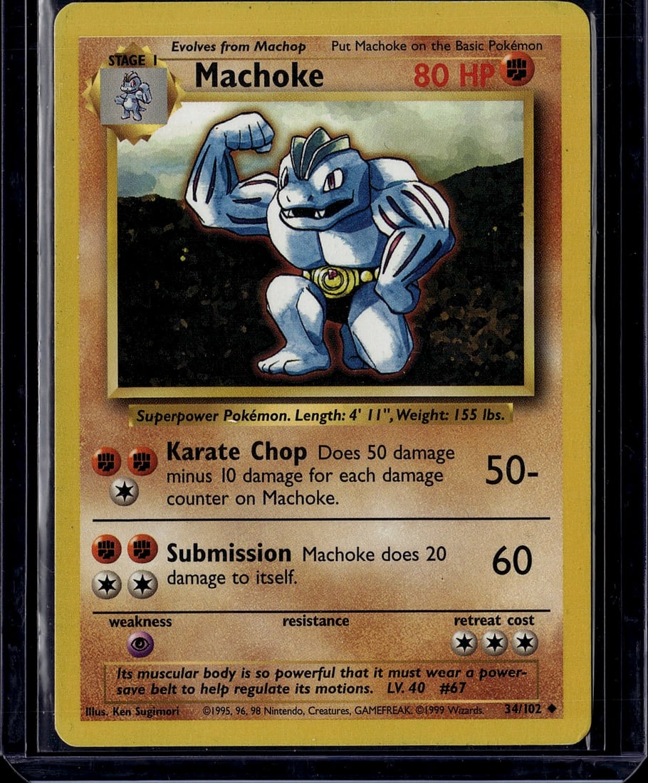 1999 Pokemon Base Set Machoke #34/102 Stage 1 Rar: This is a 1999 Pokemon Trading Card Game Base Set Machoke card #34/102, a Stage 1 Evolution card that evolves from Machop. The card features excellent artwork by Ken Sugimori depicting Machoke as a