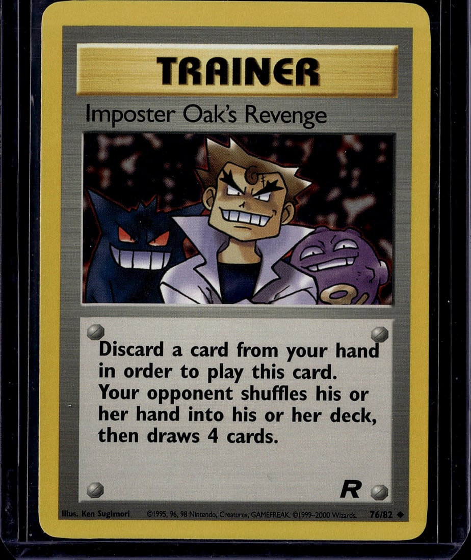 1999 Wizards of the Coast Pokemon Team Rocket 76/: This is an Imposter Oak's Revenge Trainer card from the Pokemon Trading Card Game, published by Wizards of the Coast in 1999. Card number 76/82 features artwork by Ken Sugimori depicting three