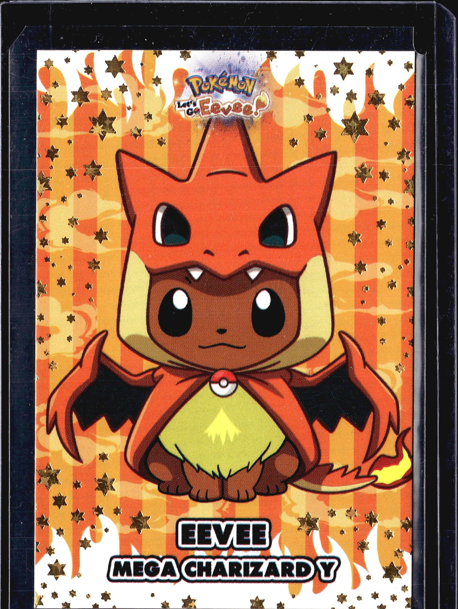 Pokemon Eevee Card Charizard Art Single TCG: This is a Pokemon trading card featuring artwork of an Eevee character in a Charizard-inspired costume design with flame and star background elements. The card displays vibrant orange, yellow, and bro