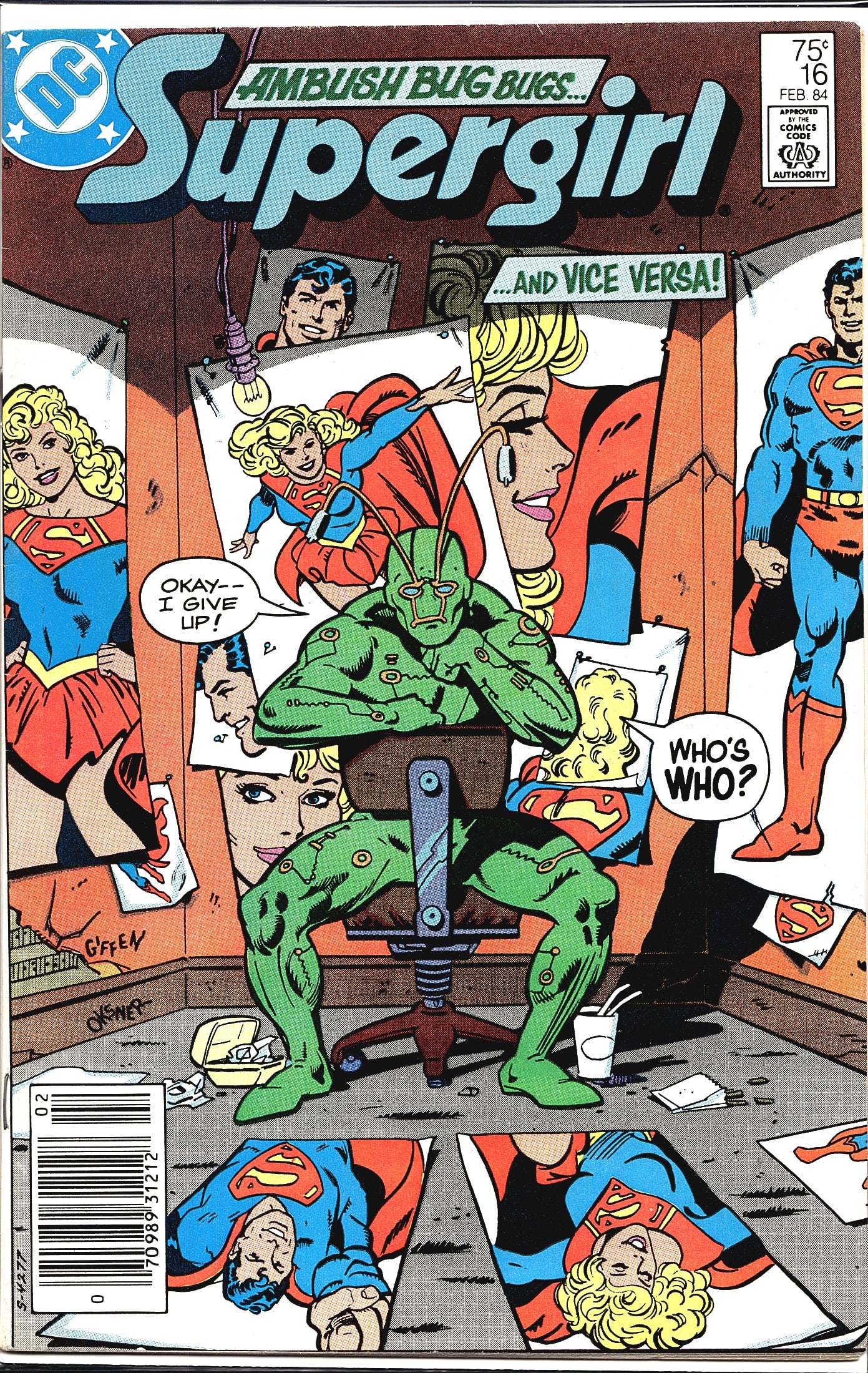 1984 DC Supergirl #16 Newsstand Comic Book: Supergirl #16 published by DC Comics, cover dated February 1984, priced at 75 cents on the cover. This issue features the story 'Ambush Bug Bugs... and Vice Versa!' as printed on the cover,