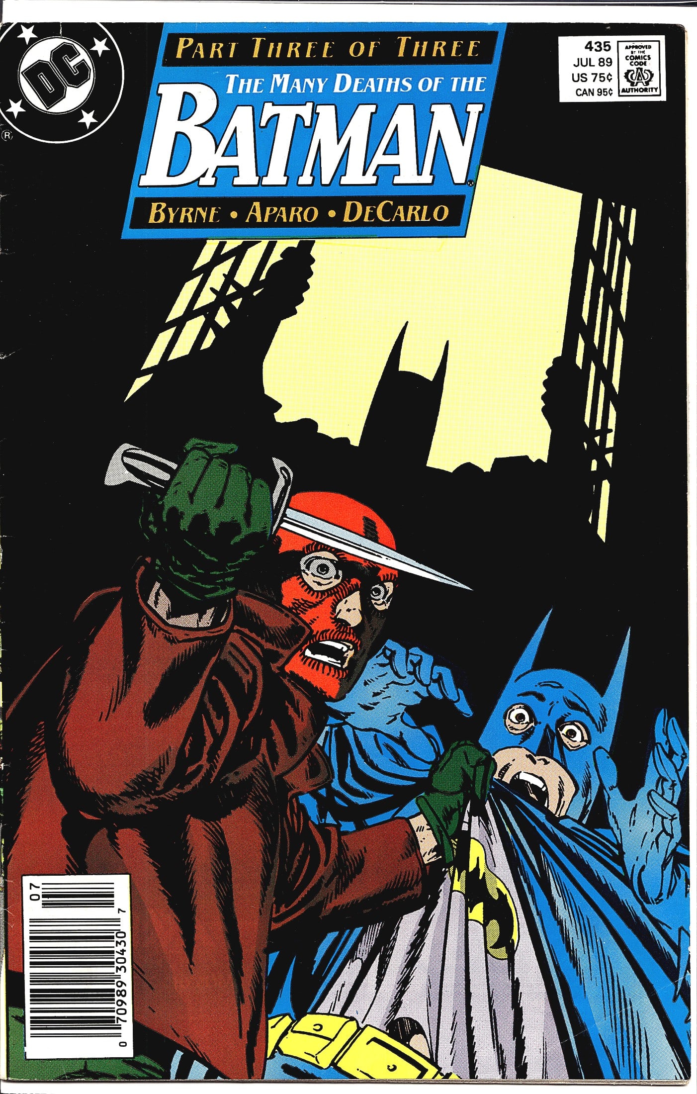 1989 DC Comics Batman #435 Comic Book Collectible: Batman #435 from DC Comics, cover dated July 1989, priced at 75 US / 95 CAN. This issue is Part Three of Three in 'The Many Deaths of the Batman' story arc, featuring credits to Byrne, Aparo, and DeCa