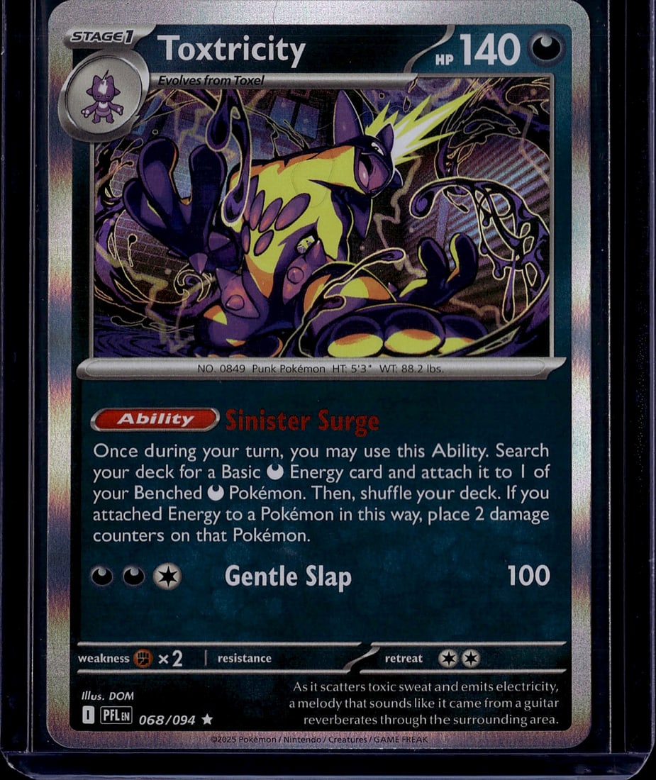 Toxtricity Stage 1 Pokemon Card 068/094 Scarlet V: This is a Stage 1 Toxtricity Pokemon trading card from the Scarlet & Violet expansion set, card number 068/094. Featuring the Punk Pokemon with a striking purple and yellow illustration, this card