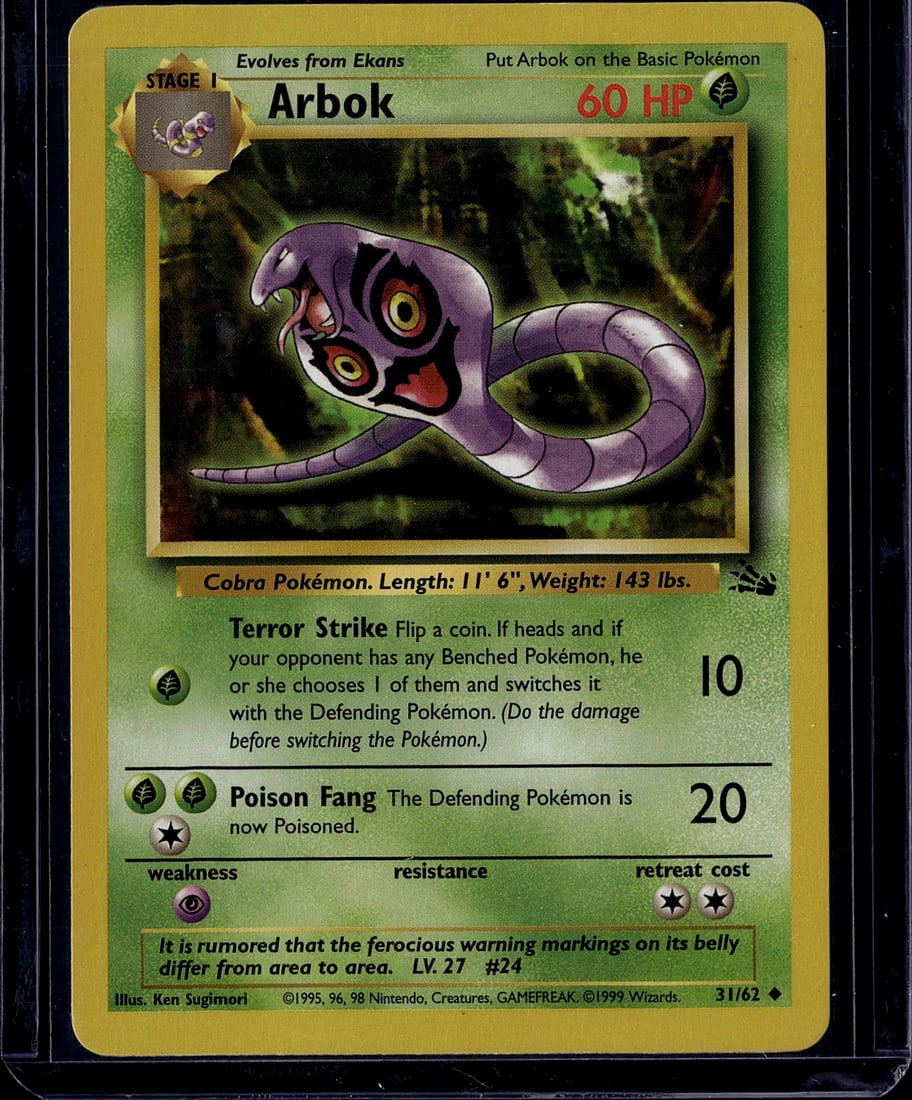 Arbok Base Set 31/102 Pokemon Card 1999 Vintage R: This is an authentic 1999 Pokemon Base Set Arbok card (#31/102), a Stage 1 Evolution card that evolves from Ekans. The card features classic Ken Sugimori artwork depicting the iconic purple cobra