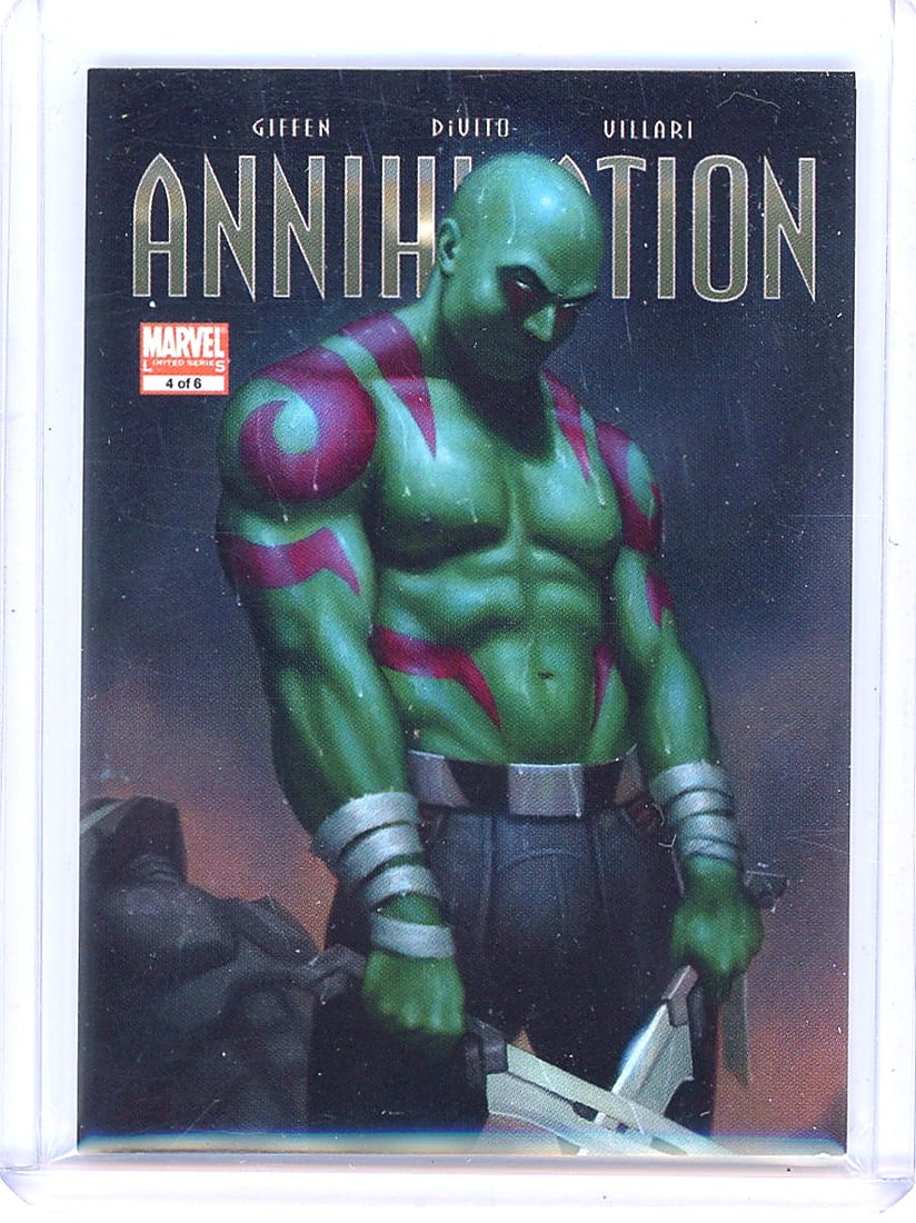 2022 Upper Deck Marvel Masterpieces Drax the Dest: This 2022 Upper Deck Marvel Masterpieces card features Drax the Destroyer as card #4 from the set. Marvel Masterpieces is known for its high-quality artwork and premium presentation of iconic Marvel c