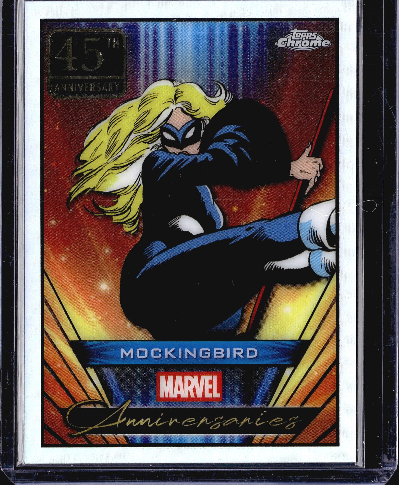 2025 Topps Chrome Marvel Anniversaries Mockingbir: This is a 2025 Topps Chrome Marvel Anniversaries trading card featuring Mockingbird, card number MA-29. The card is part of the Marvel Anniversaries insert set, celebrating 45 years of the