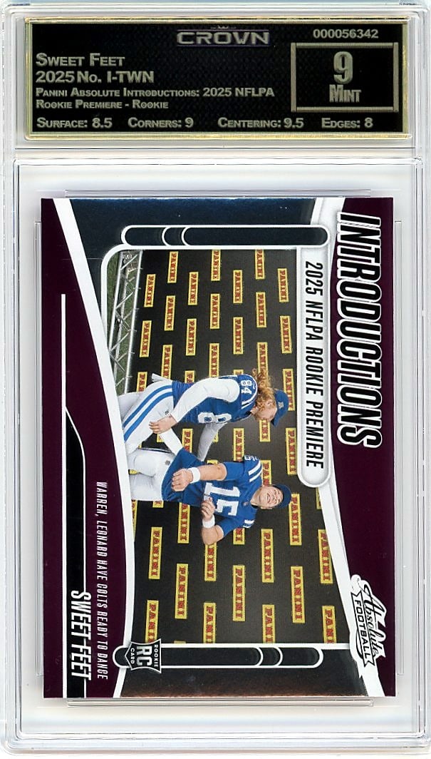 2025 Sweet Feet Panini Absolute Introductions Roo: This is a 2025 Sweet Feet card from the Panini Absolute Introductions: 2025 NFLPA Rookie Premiere - Rookie set, card number I-TWN. It has been professionally graded and encased in a protective slab