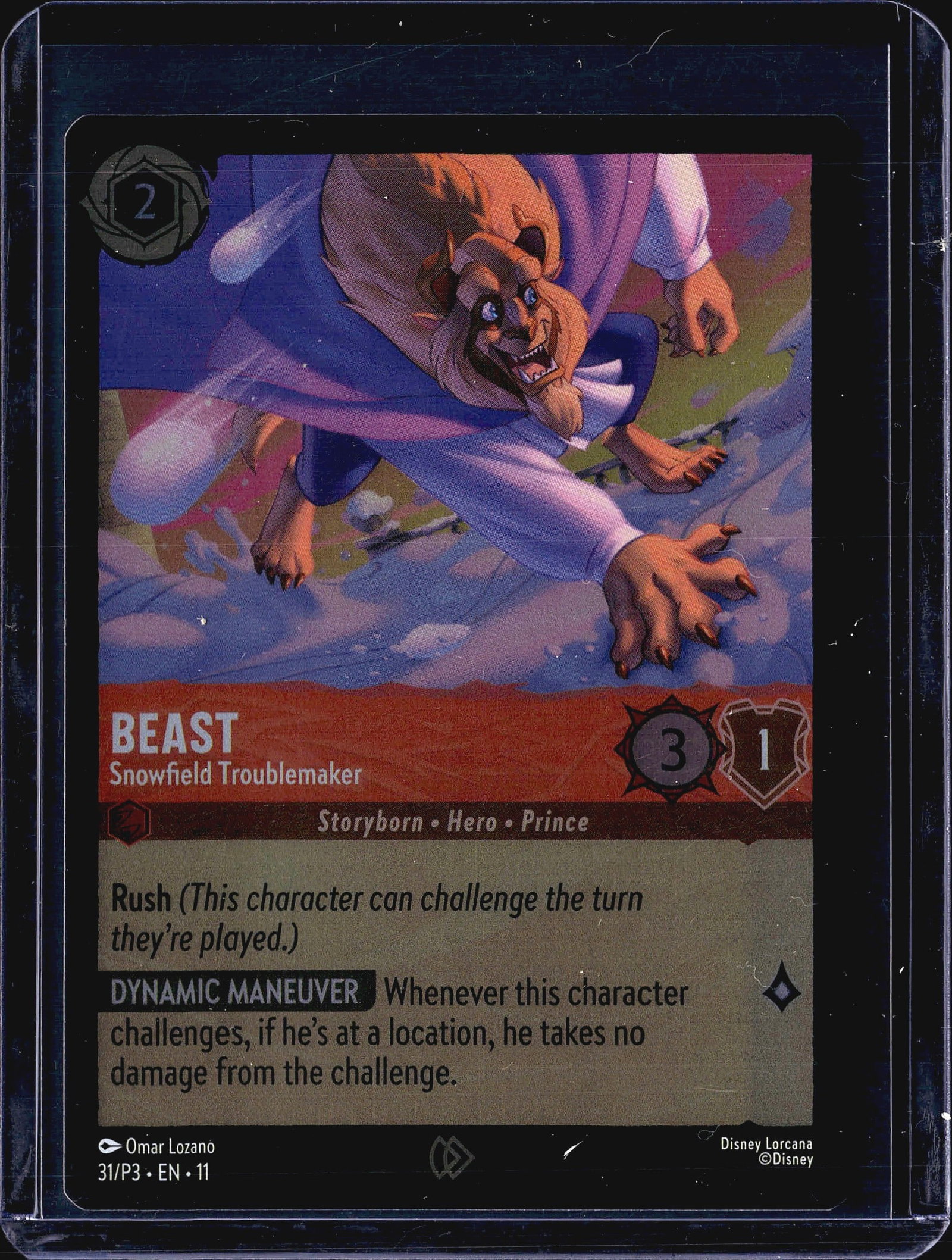 2024 Disney Lorcana Promo Beast 31/P3 Cold Foil C: This listing is for a single Disney Lorcana trading card featuring Beast - Snowfield Troublemaker, card number 31/P3 from set 11, illustrated by Omar Lozano. The card carries the Storyborn, Hero, and