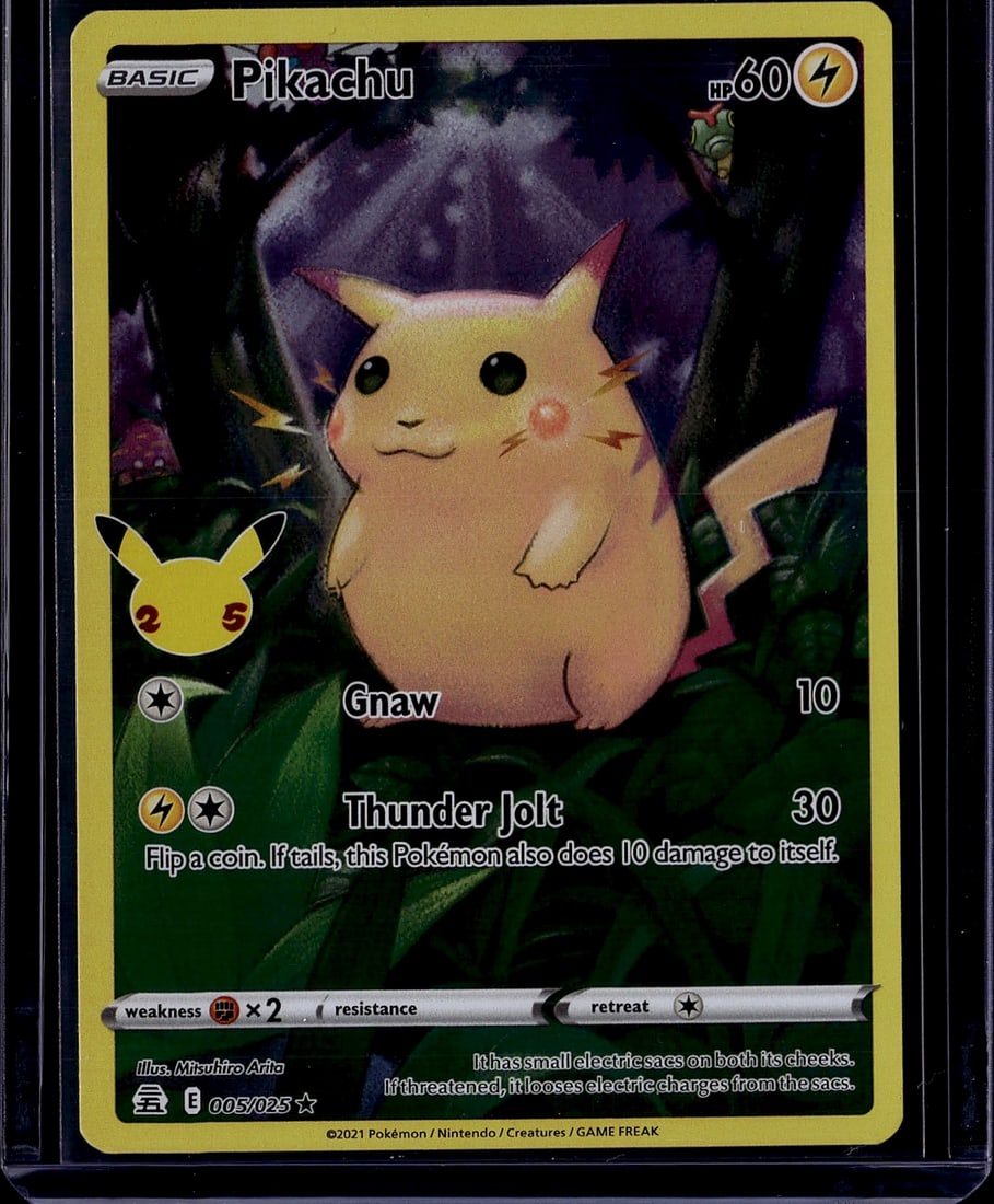 2021 Pokemon Pikachu Basic 005/025 Card - Gnaw Th: This is an authentic 2021 Pokemon Pikachu Basic card from The Pokemon Company's Base Set collection, card number 005/025. The card features classic Pikachu artwork by Misuhiro Ariba with vibrant yello