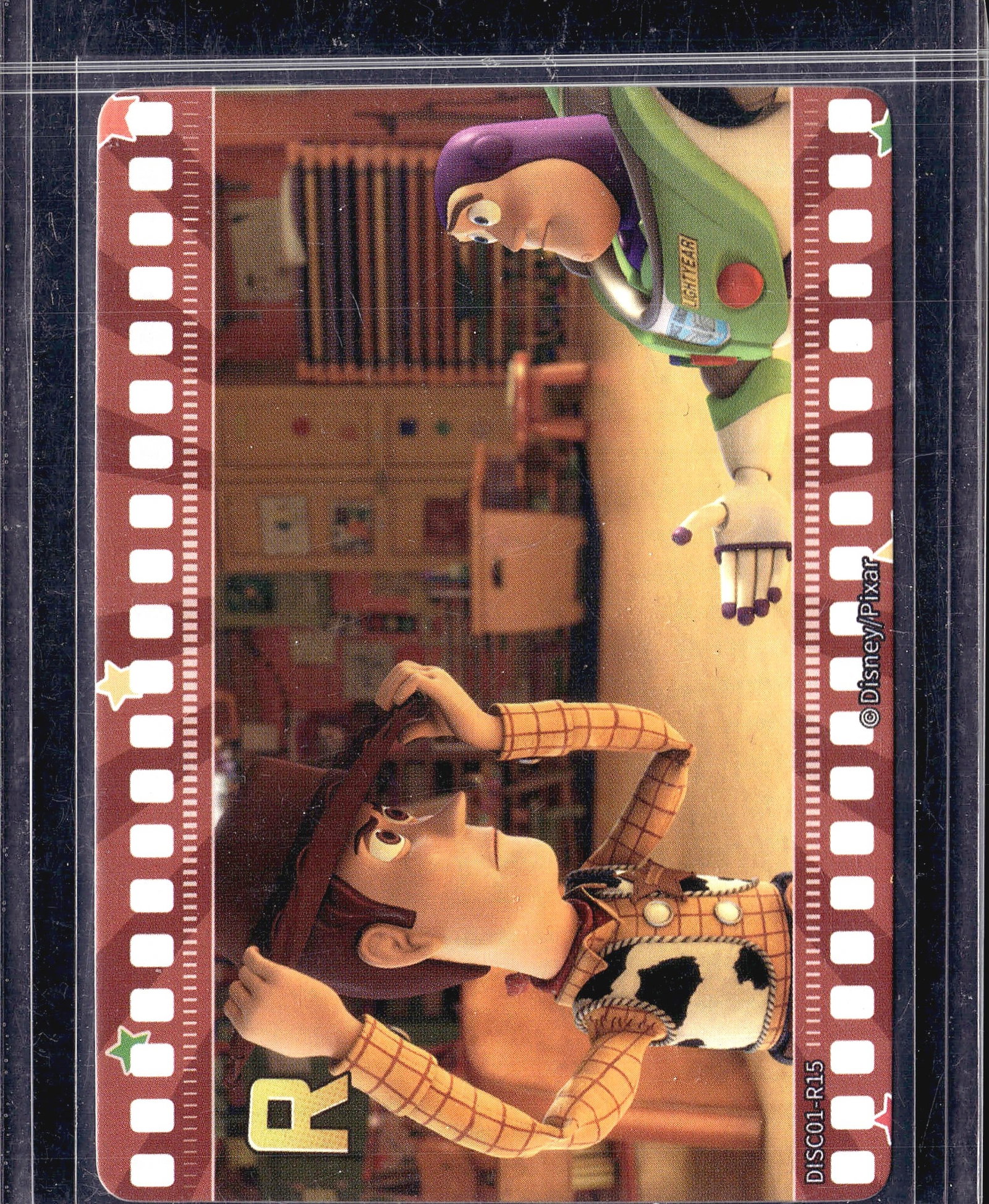 2023 Card Fun Disney 100 Series 1 Woody Buzz Ligh: This Disney/Pixar collectible card features Woody and Buzz Lightyear from the iconic Toy Story franchise. The card is designed with a classic film strip border in red and white, giving it a cinematic 