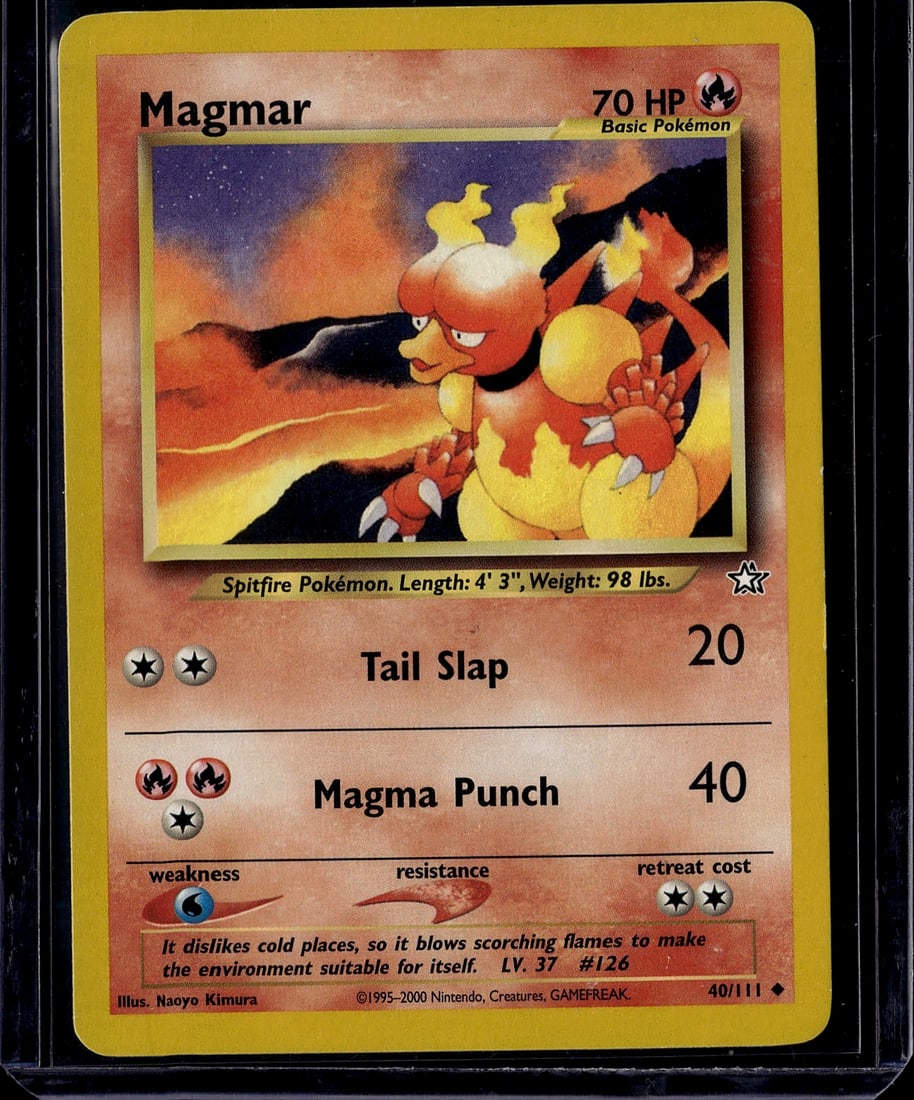 Magmar Base Set 40/111 Pokemon Card - Fire Type B: This is an authentic Magmar Pokemon trading card from the vintage Base Set era (copyright 1995-2000), card #40/111. Magmar is a Fire-type Basic Pokemon featuring the classic Spitfire design with 70 HP