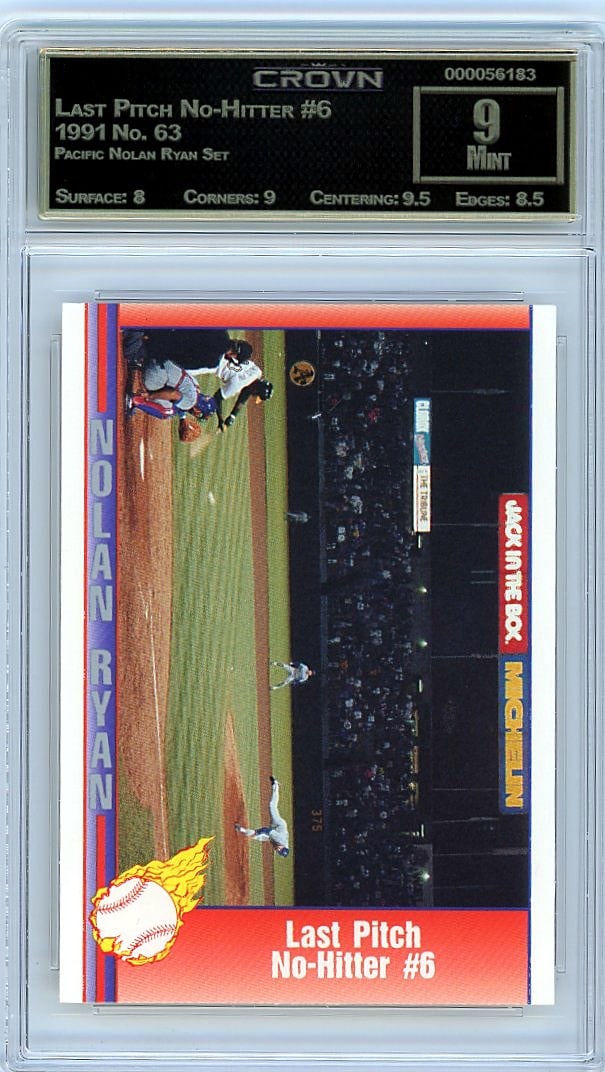 1991 Pacific Nolan Ryan Last Pitch No-Hitter #6 C: This is a 1991 Pacific Nolan Ryan Set card featuring Last Pitch No-Hitter #6, card number 63. This commemorative card captures one of baseball's most iconic moments from the legendary pitcher's career