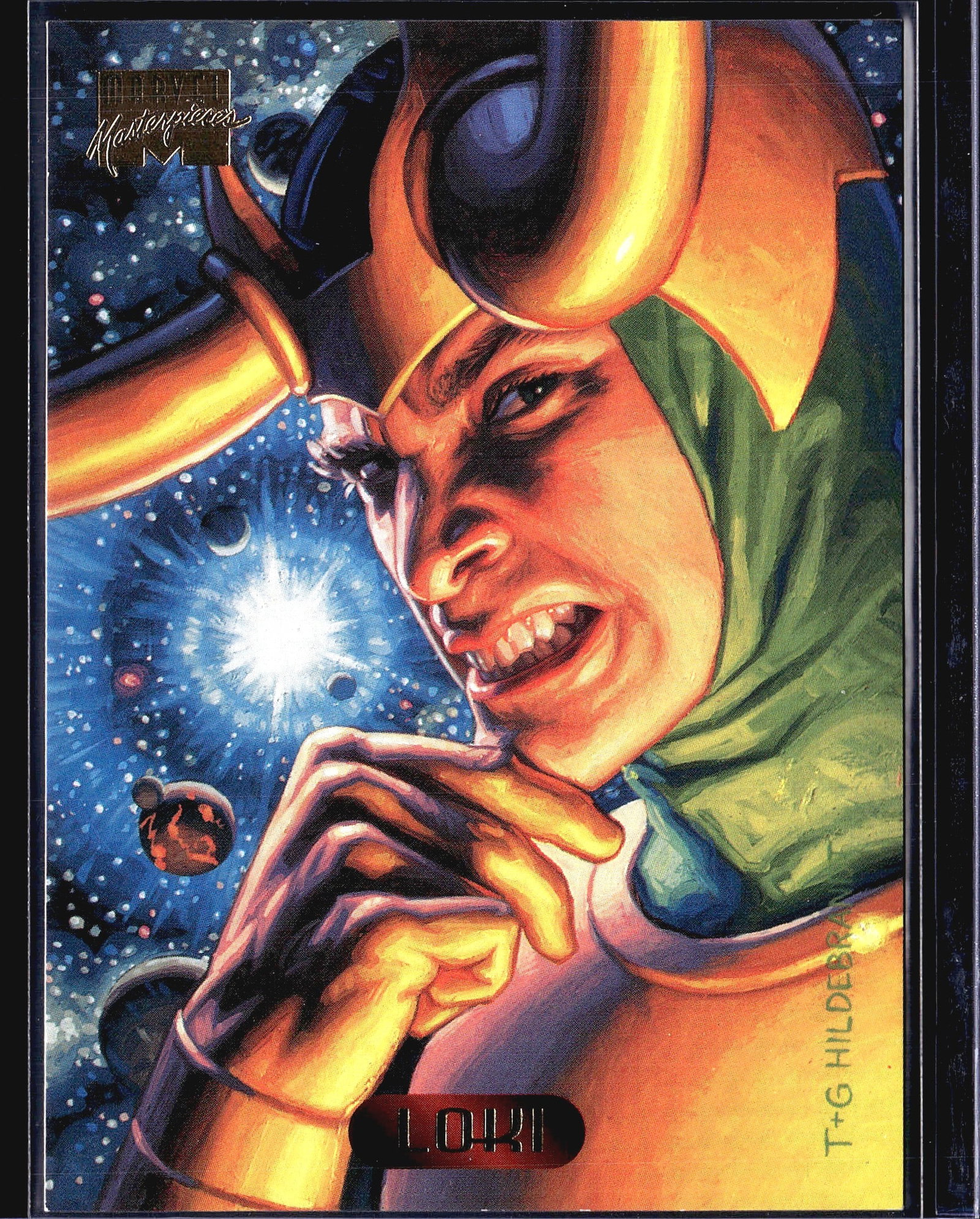 1994 Fleer Marvel Masterpieces Loki #68 Hildebran: This is card #68 from the 1994 Marvel Masterpieces trading card set, featuring Loki, the Asgardian god of evil. The front showcases a dramatic close-up portrait painted by Greg and Tim Hildebrandt (T+