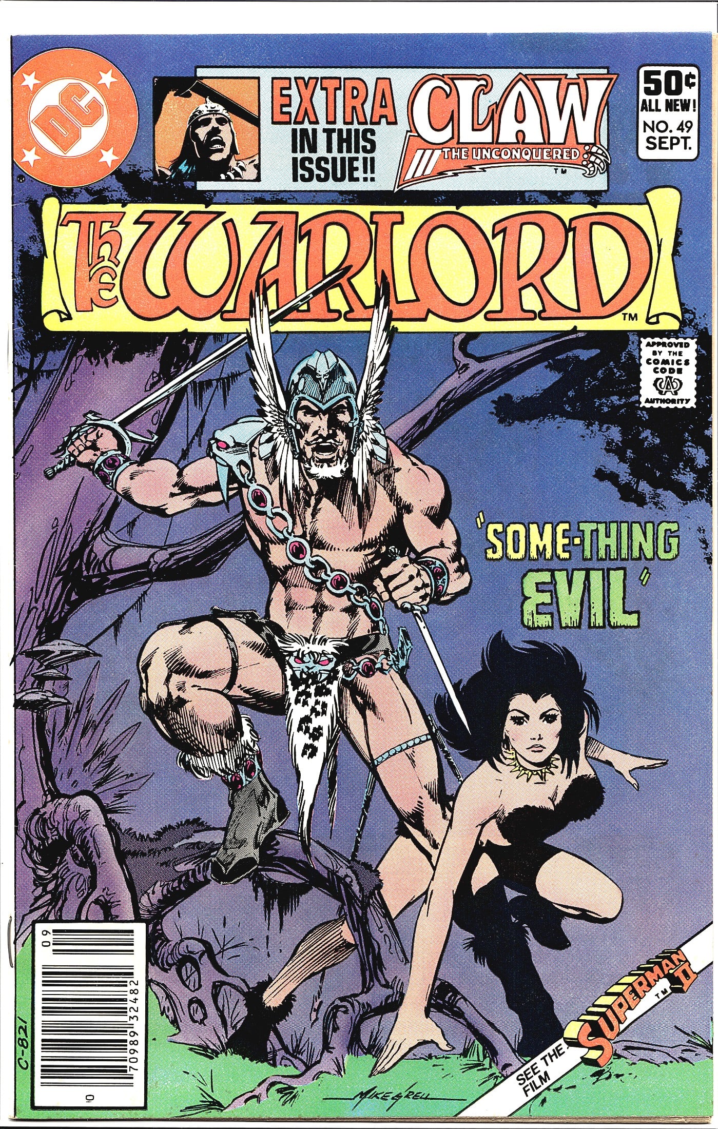 1981 DC Comics Warlord #49 Comic Book Collectible: The Warlord #49 published by DC Comics, cover dated September 1981, priced at 50 cents on the cover. This issue features the story 'Some-Thing Evil' and includes a bonus Claw the Unconquered story as 