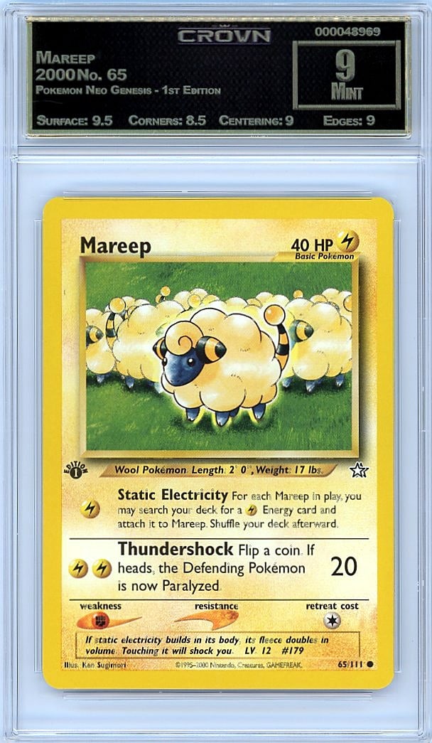2000 Mareep Pokemon Neo Genesis - 1st Edition #65: Graded by Crown Grading. Grade: 9.00. Mint