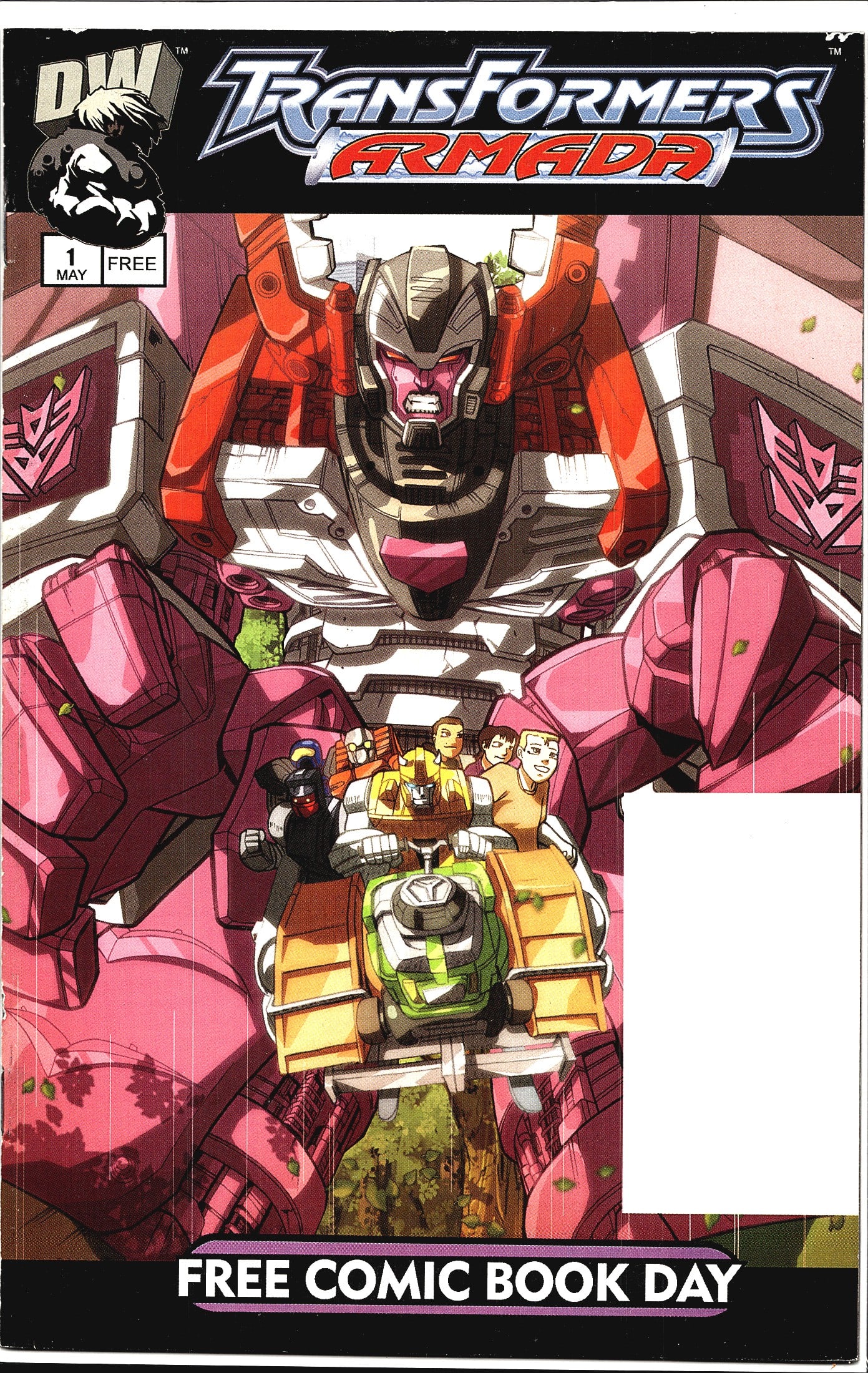 2003 Dreamwave Transformers Armada #1 FCBD Free C: This is the Free Comic Book Day promotional edition of Transformers Armada #1, published by DW (Dreamwave Productions) and released in May 2003. The cover features a large Decepticon robot - bearing t