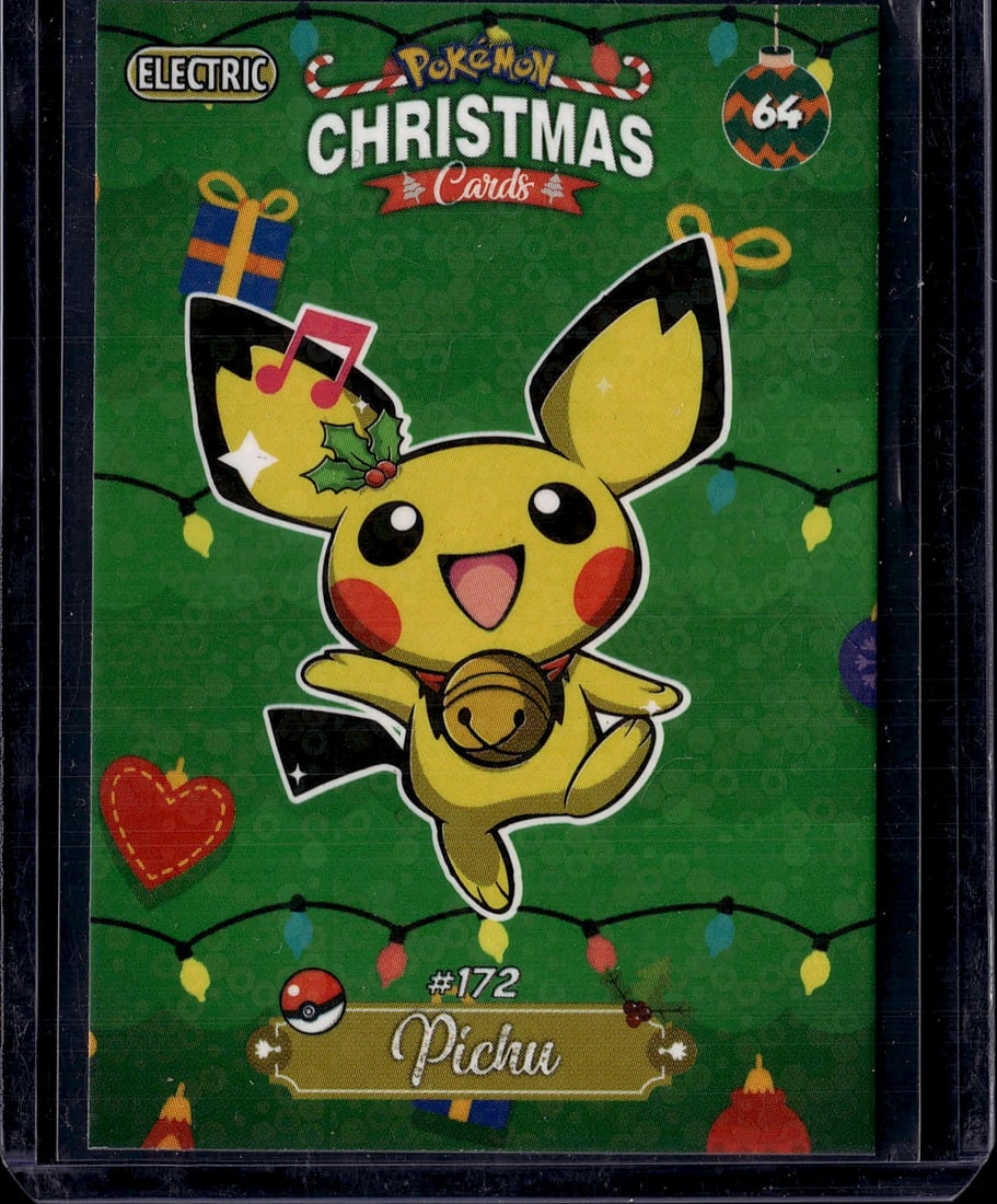 Pichu #172 Pokemon Christmas Card 64 Electric Hol: This is an Electric brand Pokemon Christmas Card featuring Pichu (#172), a festive holiday-themed collectible from a special Christmas card series. The card showcases Pichu in a cheerful holiday setti