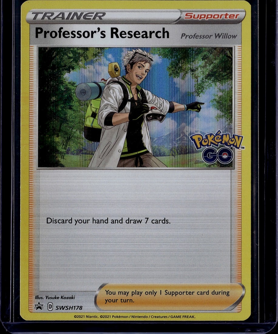 2021 Pokemon GO Professor's Research Professor Wi: This is a 2021 Pokemon GO Trainer Supporter card featuring Professor Willow, illustrated by Yusuke Kozaki. The card shows Professor Willow in his iconic field researcher outfit with backpack and