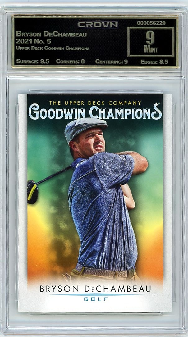 2021 Bryson DeChambeau Upper Deck Goodwin Champio: This is a 2021 Bryson DeChambeau card from the Upper Deck Goodwin Champions set, card number 5. It's a professionally graded slab that captures a key moment in the golfer's career during a pivotal yea