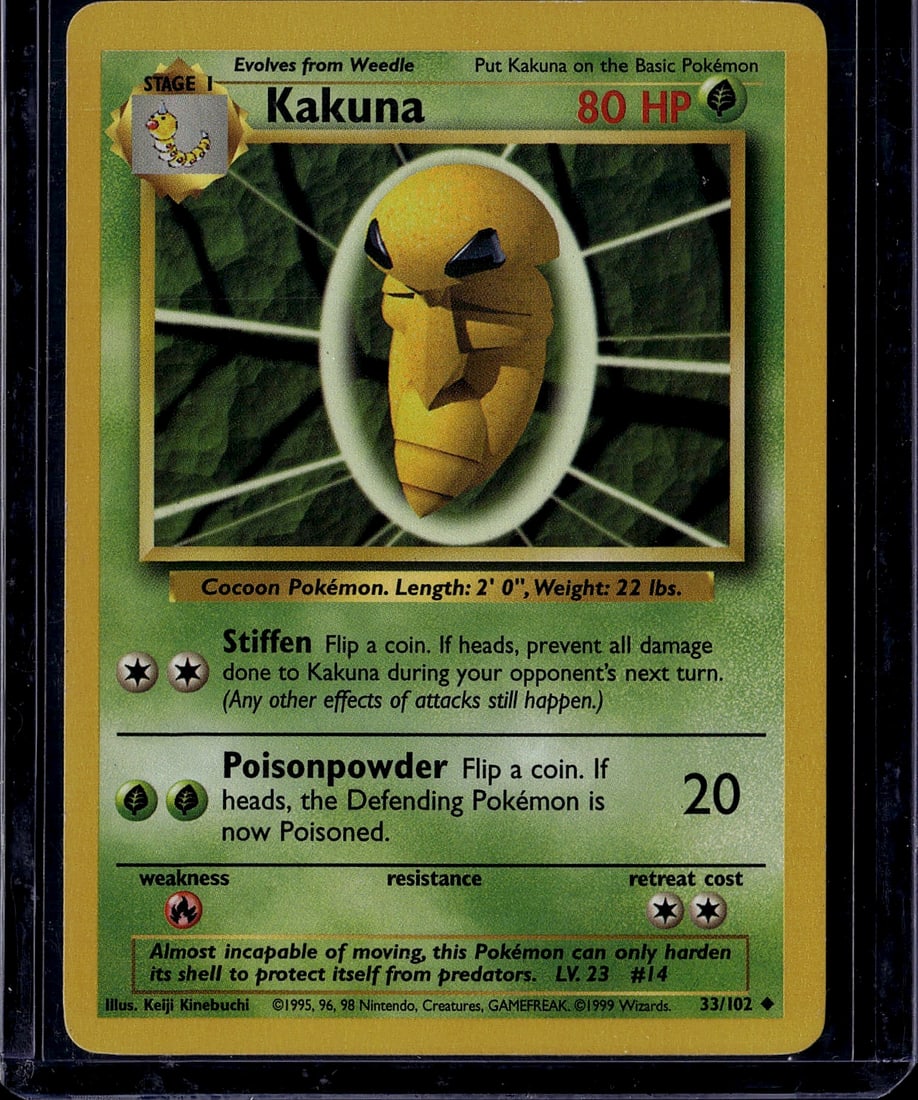 1999 Kakuna Pokemon Base Set Card #33/102 - Stage: This is an authentic 1999 Kakuna Pokemon Trading Card from the original Base Set, card #33/102. Kakuna is a Stage 1 Cocoon Pokemon that evolves from Weedle and stands 2'0" tall, weighing 22 lbs. The c