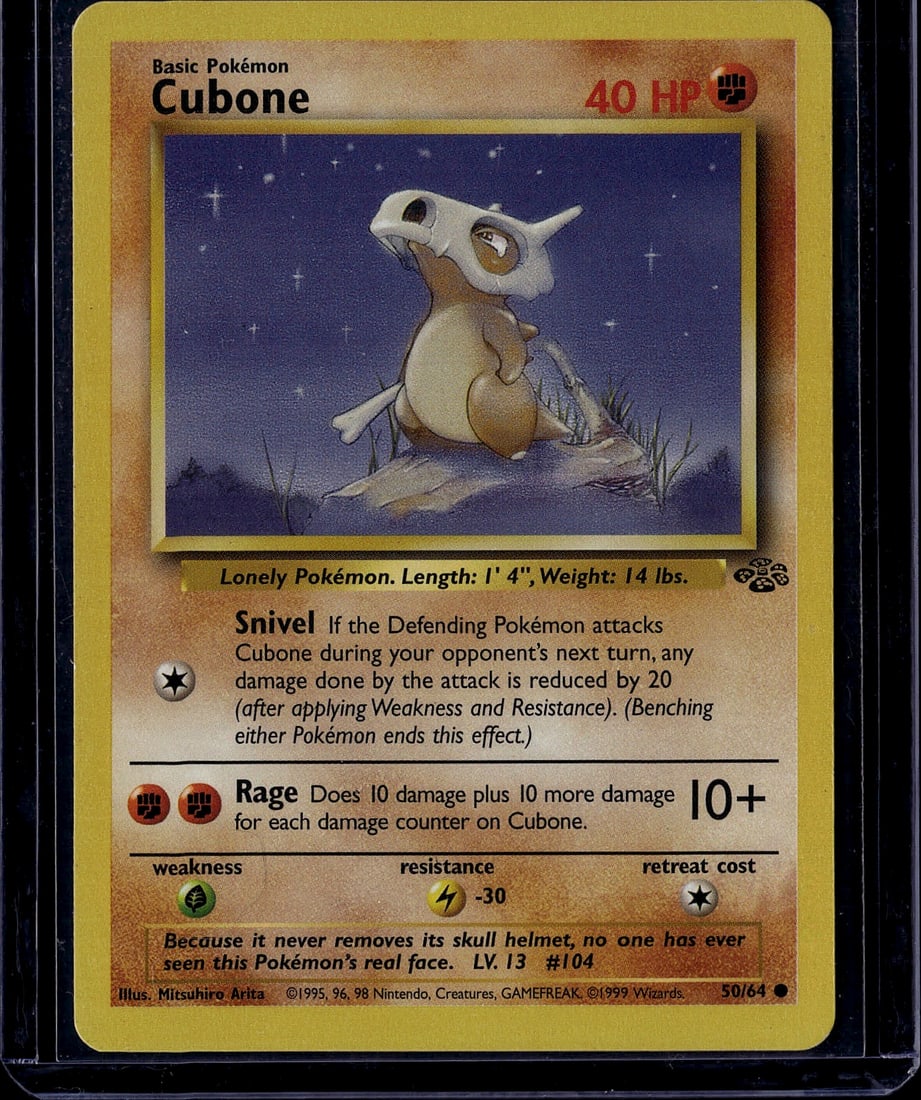 1999 Pokemon Base Set Cubone #50/64 Card - Lonely: This is an authentic 1999 Pokemon Trading Card Game Base Set Cubone card (#50/64), featuring the iconic Ground-type "Lonely Pokemon." The card displays Cubone's characteristic skull helmet design in e