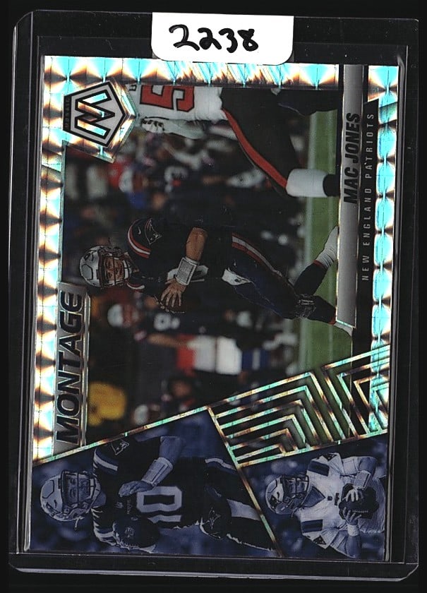 Mac Jones Panini Silver Mosaic Prizm Football Car: This Mac Jones football card is from the Panini Silver Mosaic Prizm set, featuring the dynamic prismatic design that Panini Prizm cards are known for. The card showcases Jones in Near Mint condition, 
