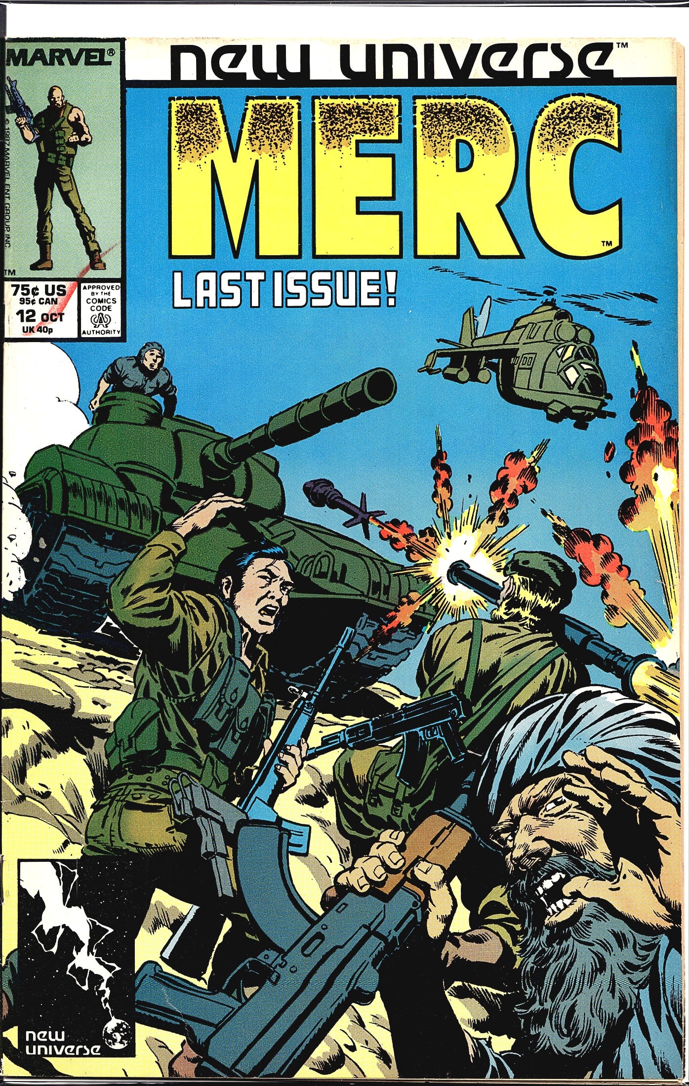 Marvel New Universe 1987 Mark Hazzard #12 Comic B: This is Merc #12, the final issue of the Marvel New Universe title 'Merc,' published in October 1987 and priced at 75 US. The cover features an intense combat scene depicting soldiers engaged in