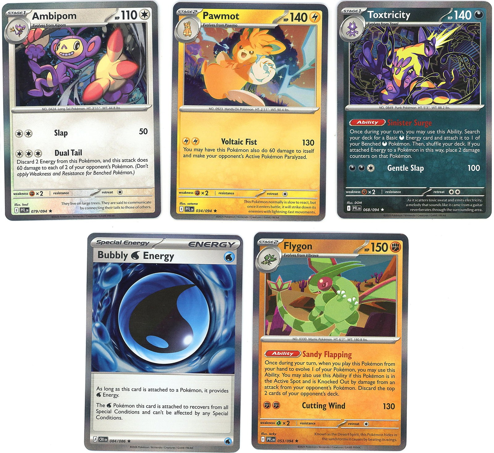 5-Card Lot Modern Holo Pokemon Trading Cards TCG: This lot contains five holographic Pokemon trading cards in Near Mint condition, as shown in the photograph. The cards feature vibrant foil finishes and include Stage 1 and Stage 2 Pokemon with a vari
