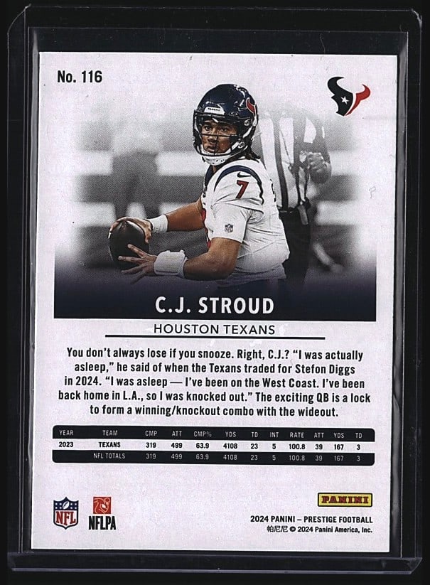 2024 Panini Prestige C.J. Stroud #116 Houston Tex: 2024 Panini Prestige Football card #116 featuring C.J. Stroud of the Houston Texans. Raw single in mint condition. Card displays vibrant centering and sharp corners typical of premium modern