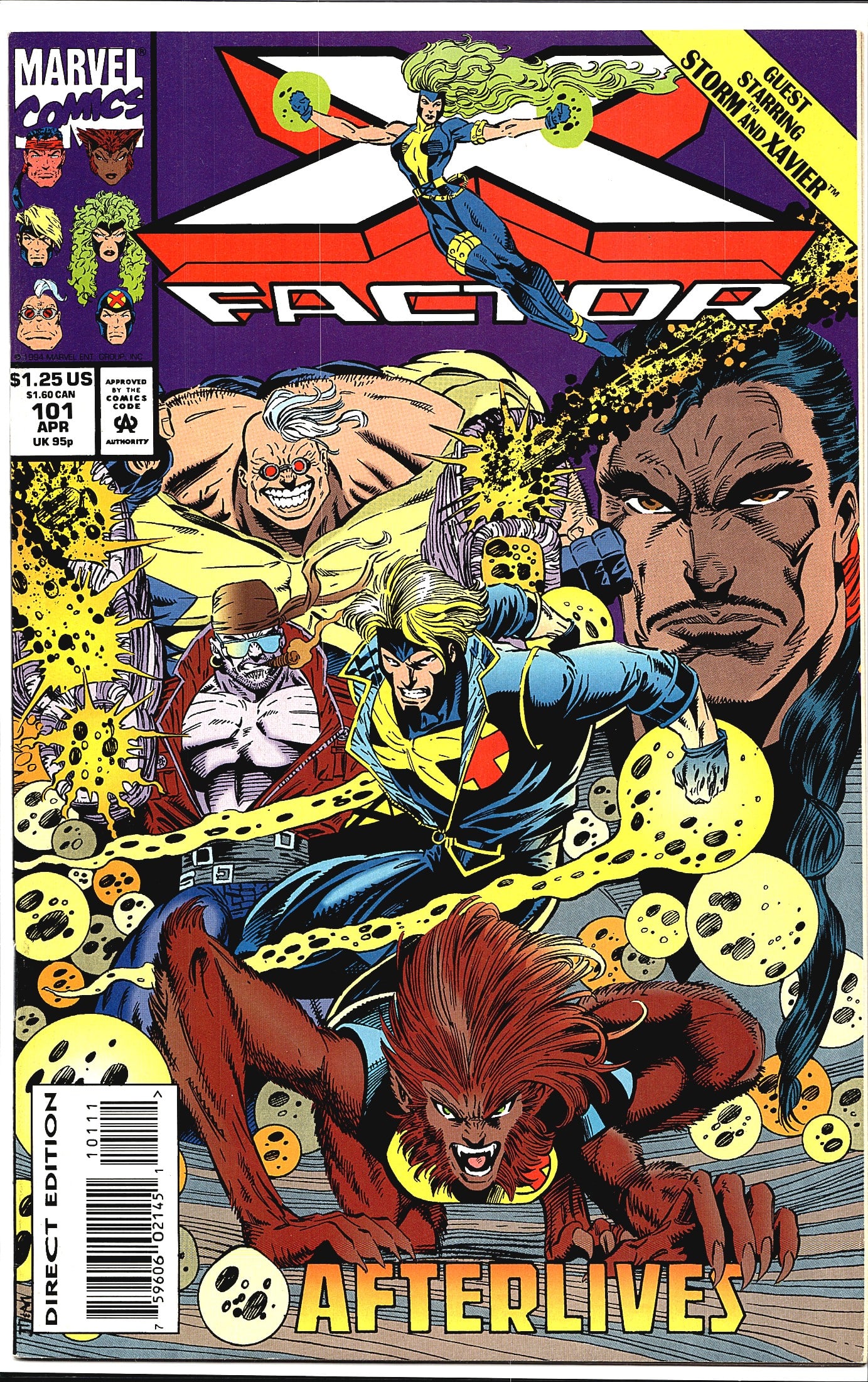 X-Factor #101 Marvel Comics 1994 Afterlives Storm: X-Factor #101 published by Marvel Comics, cover dated April 1994, priced at $1.25 US. This issue is titled 'Afterlives' and features a dynamic cover showcasing the X-Factor team in action, with guest