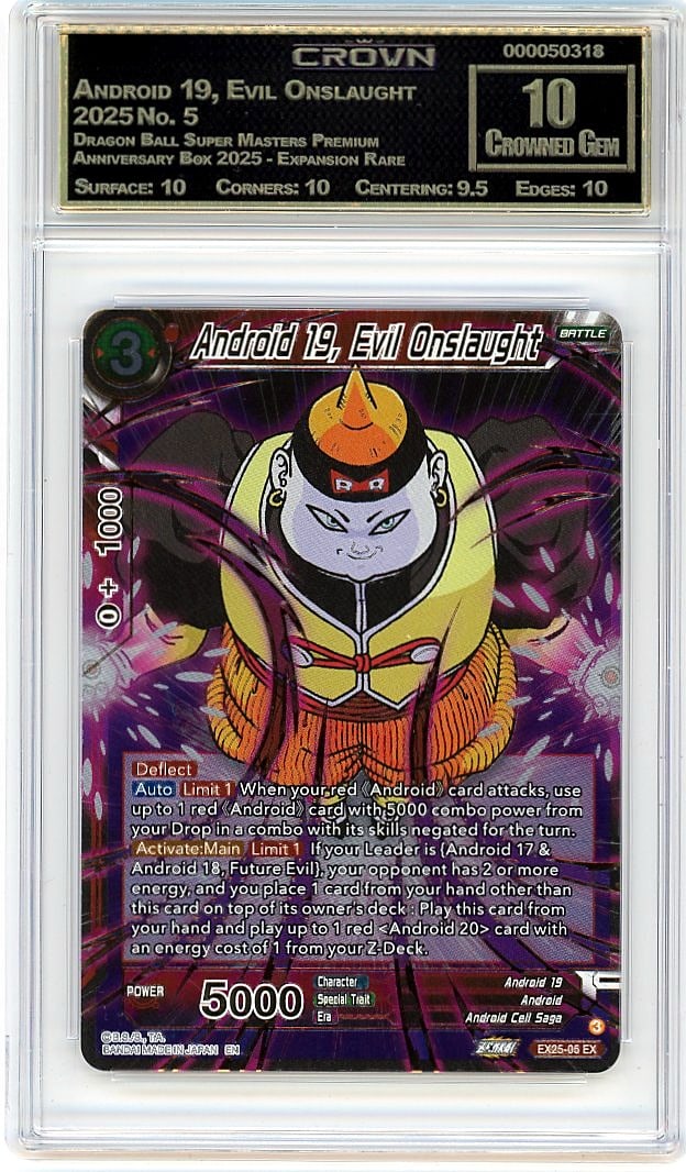 2025 Android 19 Evil Onslaught #5 Dragon Ball Sup: This is a 2025 Android 19, Evil Onslaught card #5 from the Dragon Ball Super Masters Premium Anniversary Box 2025 - Expansion Rare set. It represents a premium release celebrating the Dragon Ball