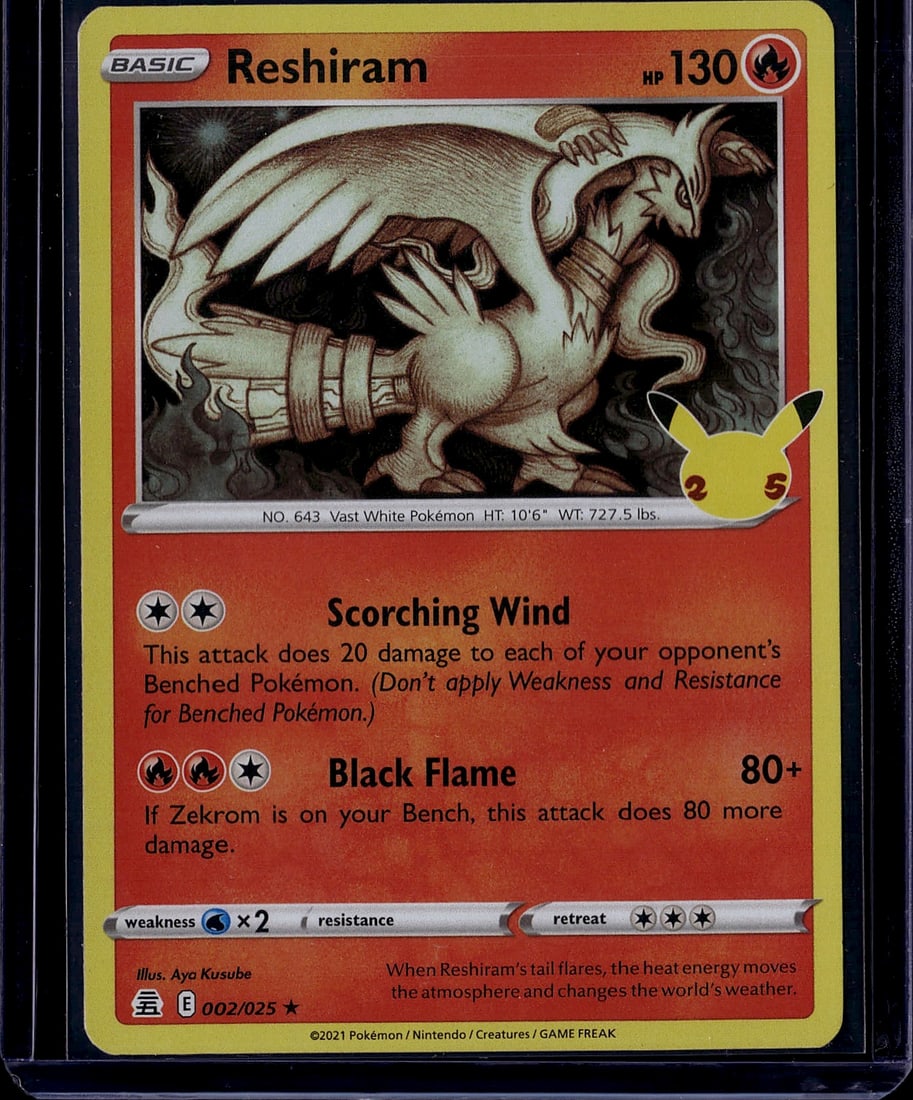 2021 Pokemon Chilling Reign Reshiram 002/025 Rare: This is a 2021 Pokemon Chilling Reign Reshiram basic fire-type Pokemon card (#002/025) featuring stunning artwork by Aya Kusube. Reshiram is a Vast White Pokemon with 130 HP, depicted mid-breath with