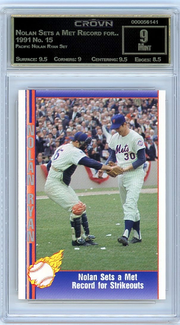 1991 Pacific Nolan Ryan Set Card #15 Crown Graded: This is a 1991 Pacific Nolan Ryan Set card #15, professionally graded and slabbed by Crown. The card captures a significant moment from one of baseball's most iconic careers during a legendary era of