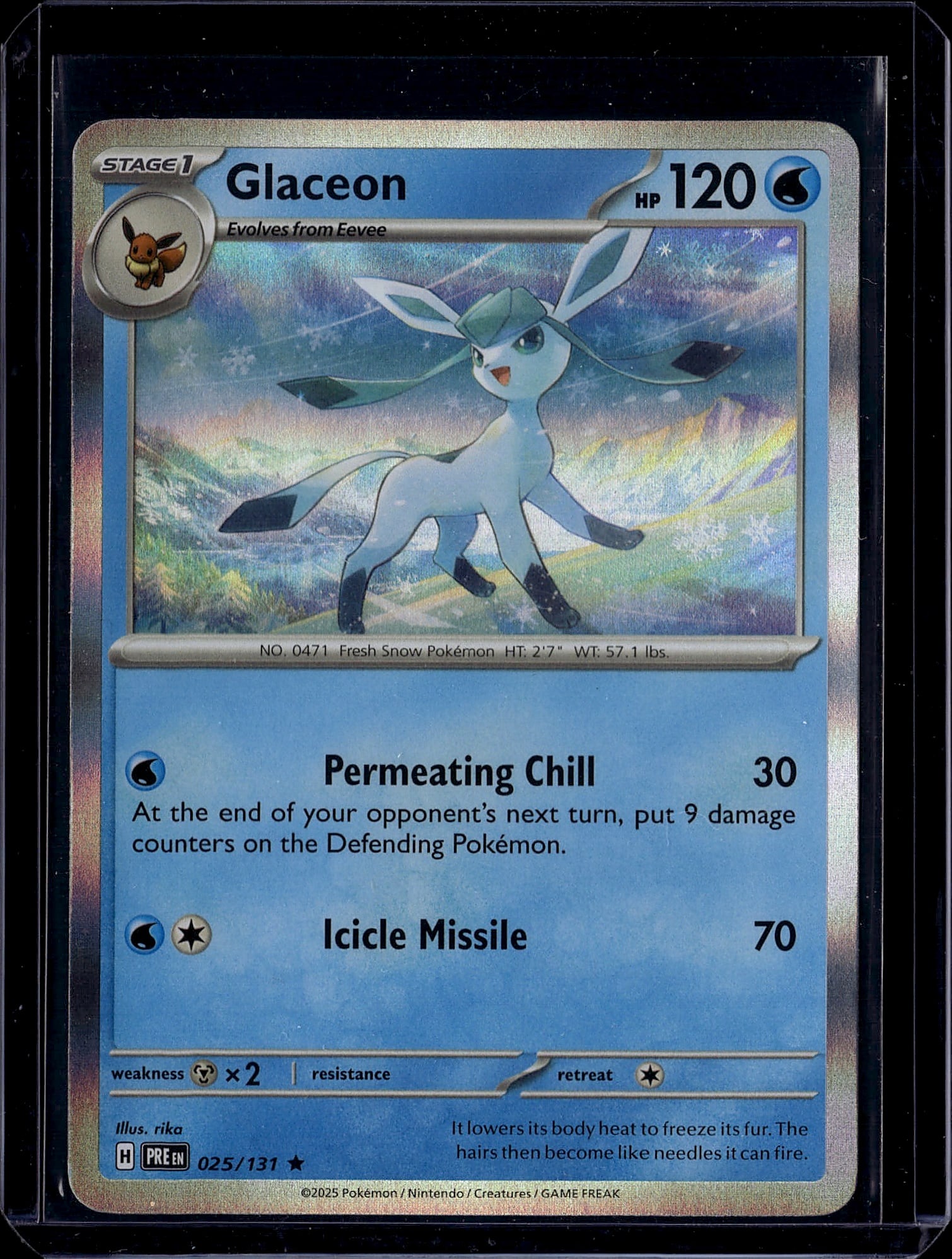 Glaceon 025/131 Pokemon Scarlet & Violet Single C: This is a raw Glaceon Pokemon trading card from the Scarlet & Violet set, card number 025/131. Glaceon is a Stage 1 Fresh Snow Pokemon with 120 HP that evolves from Eevee. The card features beautiful