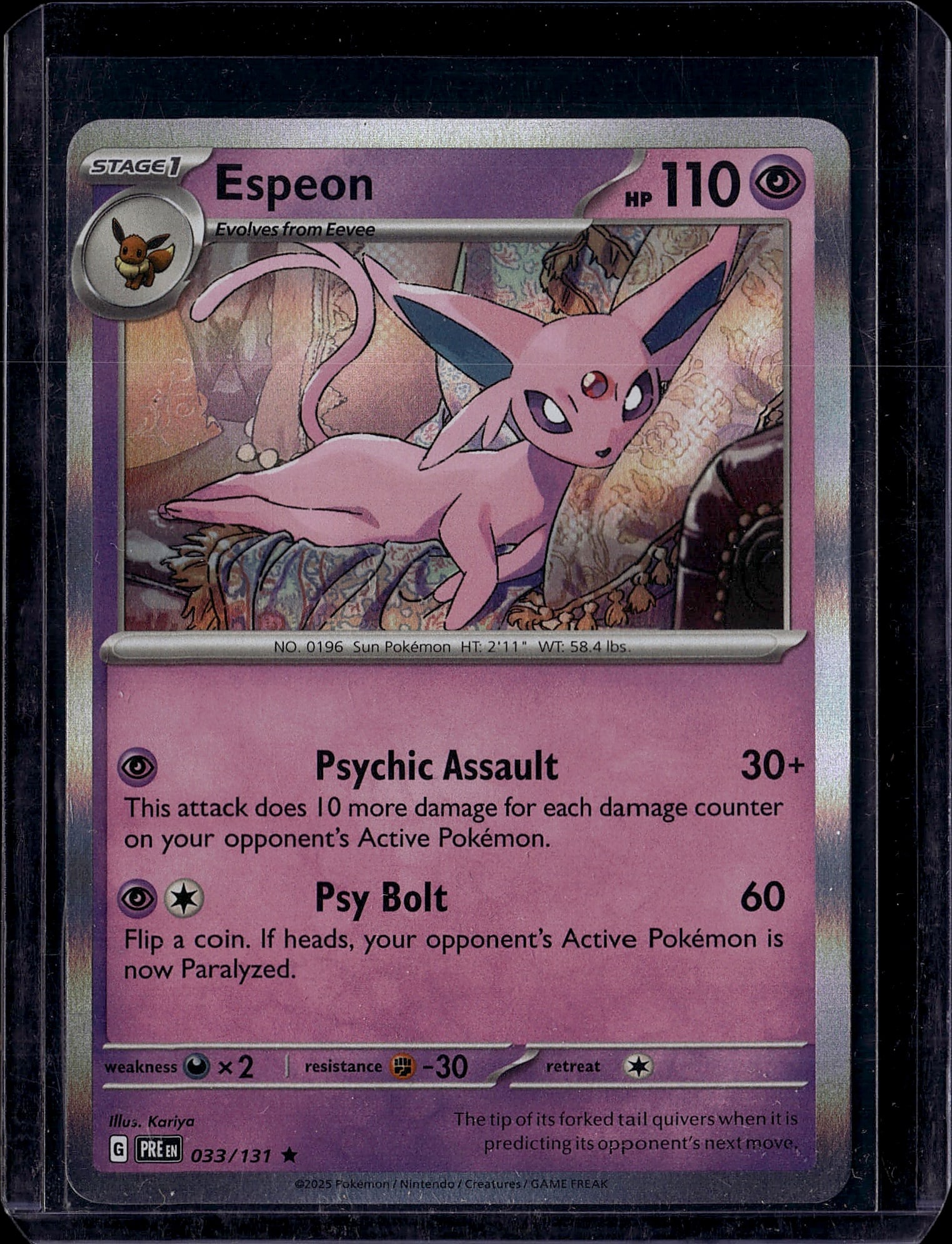 Espeon 033/131 Pokemon Card - Sun & Moon Modern S: This is a raw Espeon Pokemon trading card from the Sun & Moon era (2025 printing), card number 033/131. The card features a Stage 1 Psychic-type Espeon that evolves from Eevee, with 110 HP and two