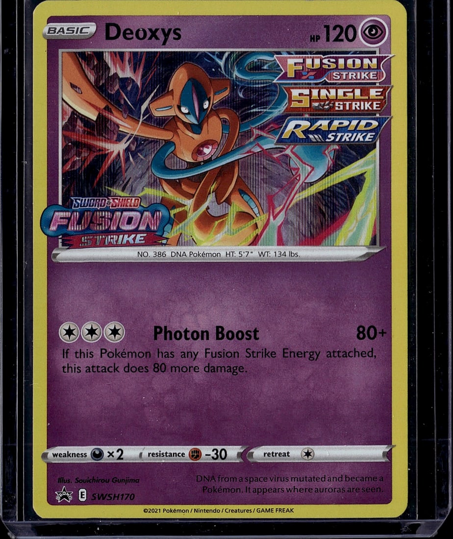 Deoxys 386 Pokemon Sword Shield Fusion Strike Sin: This is a raw Deoxys Pokemon card from the 2021 Sword & Shield Fusion Strike set, card #386. The card features vibrant artwork of Deoxys in its signature pose with multiple attack types displayed: