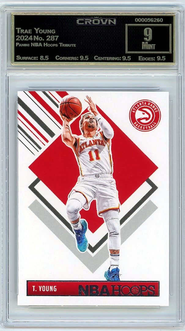 2024 Trae Young Panini NBA Hoops Tribute #287 Cro: This is a 2024 Trae Young card from the Panini NBA Hoops Tribute set, card number 287. It captures one of the NBA's most dynamic playmakers during an exciting season. Hoops Tribute remains a popular