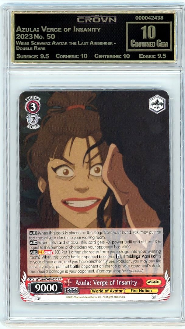 2023 Azula: Verge of Insanity Weiss Schwarz Avata: Graded by Crown Grading. Grade: 10.00. Crowned Gem